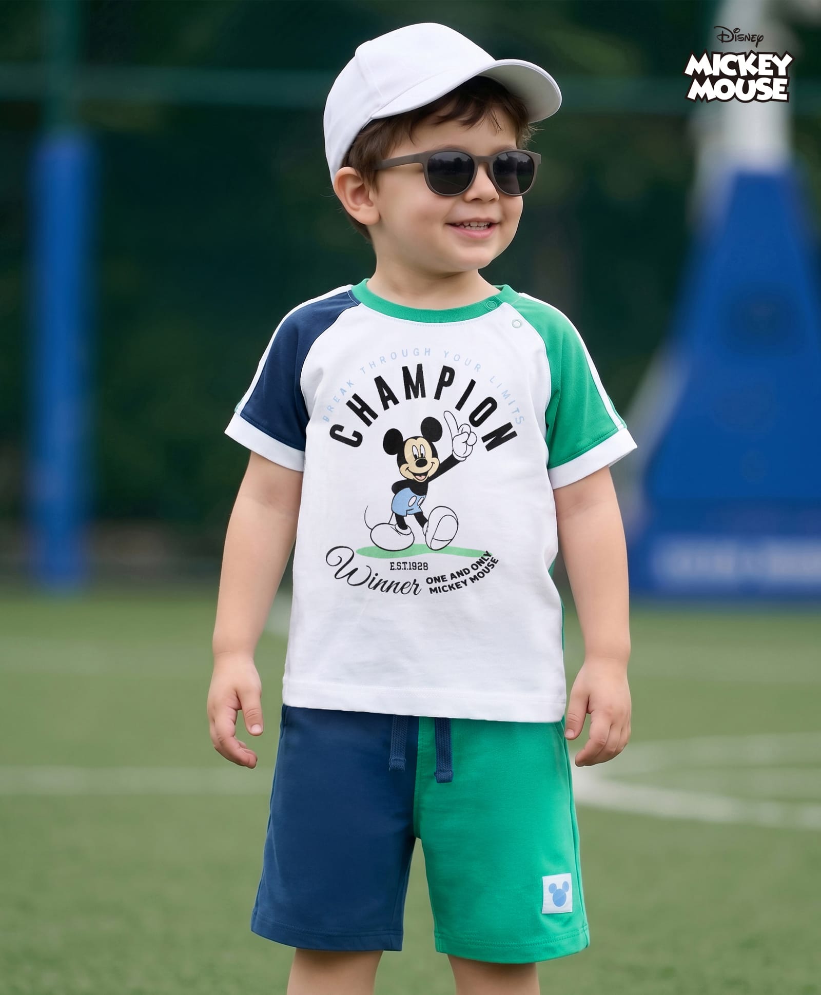 Babyhug Disney 100% Cotton Knit Half Raglan Sleeves T-Shirt & Shorts Set With Mickey Mouse Graphics - Sea Green & Navy Blue-picture-23