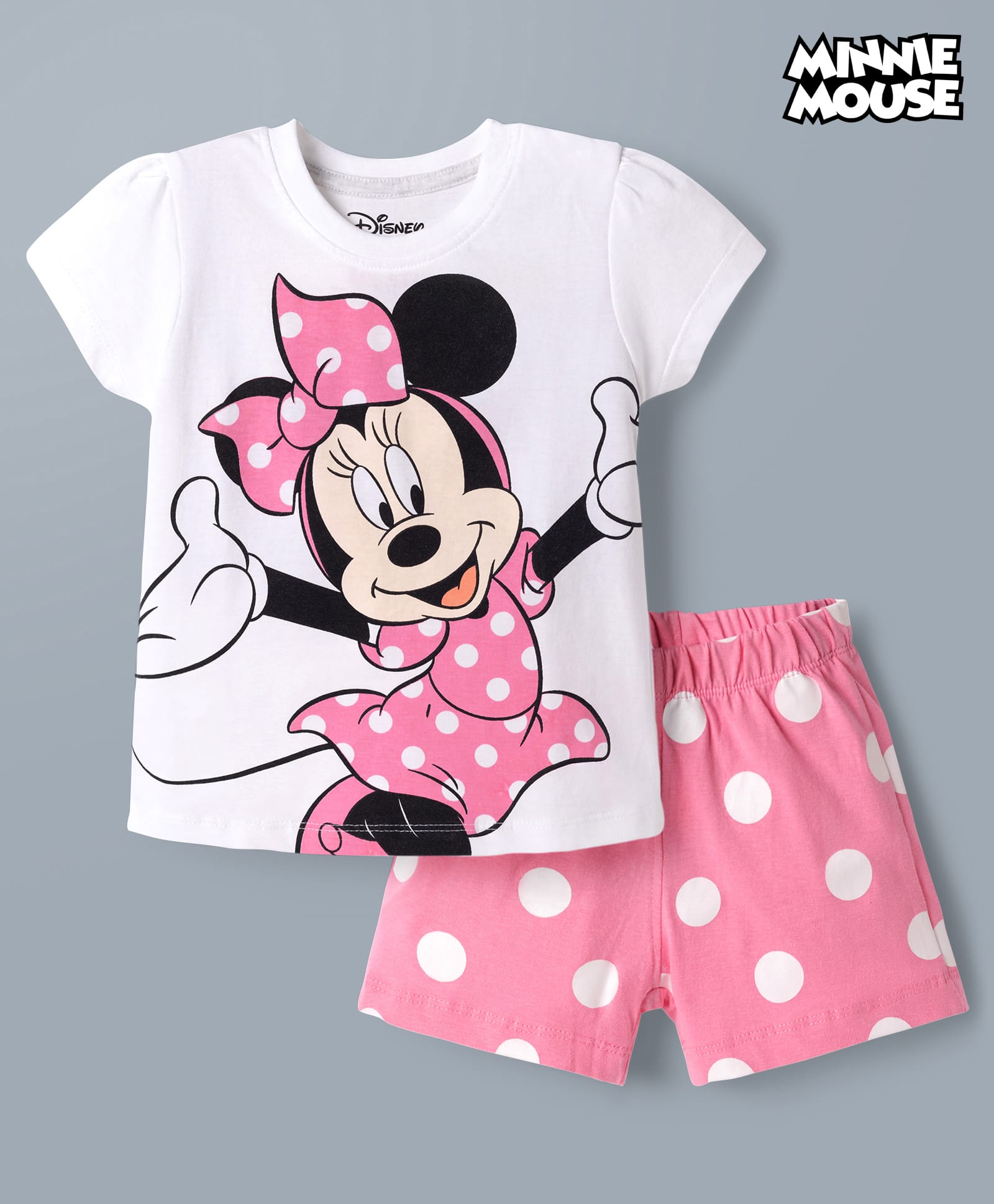 Babyhug Disney Single Jersey Knit Half Sleeves T-Shirt & Shorts Night Suit With Minne Mouse Graphic & Polka Dot Print - Pink-image-12