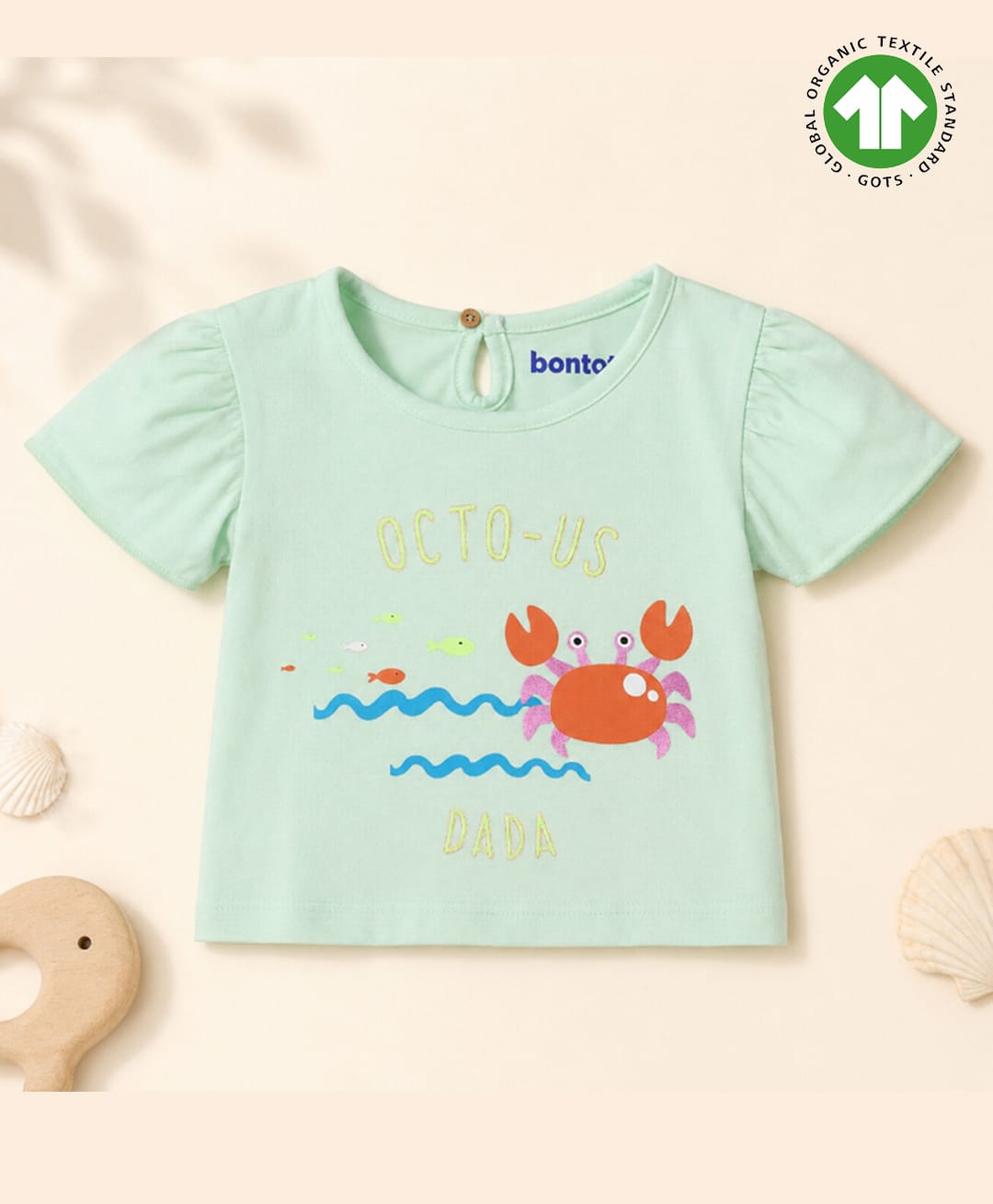 bontots Organic Cotton Knit Half Sleeves Crab Printed Tee - Green-image-21