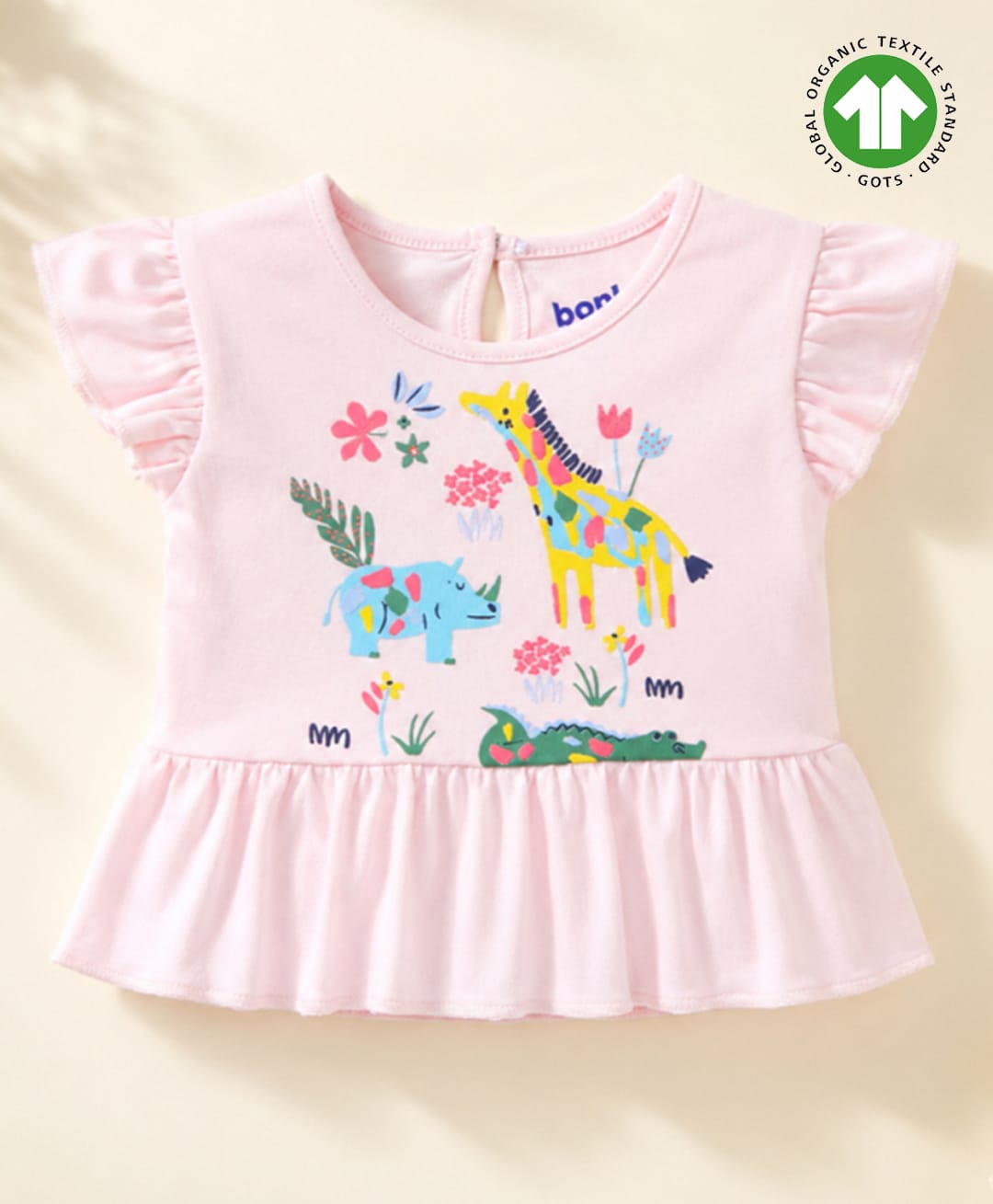 bontots Organic Cotton Knit Half Sleeves Floral & Animals Printed Top - Pink-image-40