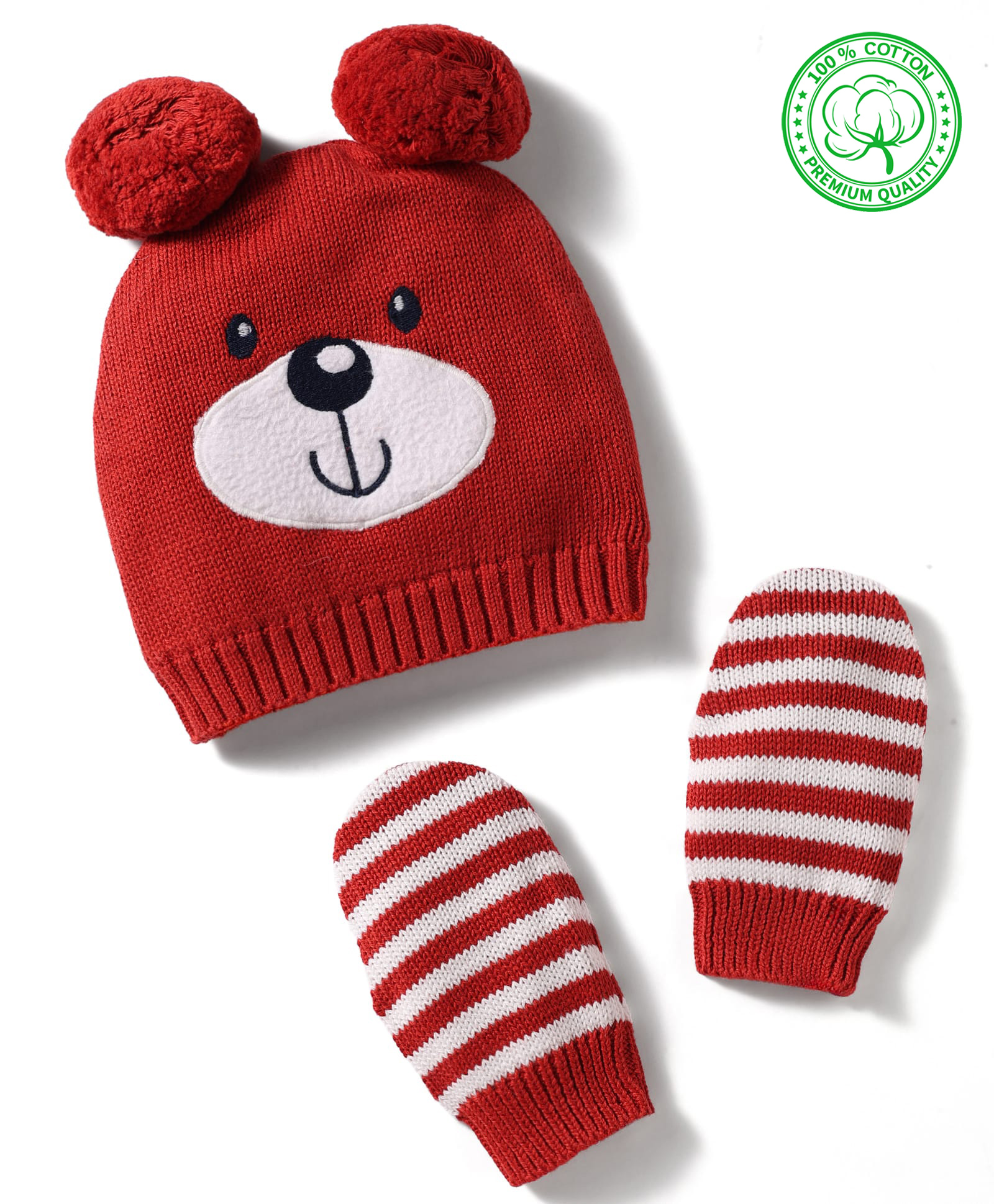 Babyhug Cotton Knit Woollen Cap & Striped Mittens With Bear Embroidery Rust Orange - Diameter 10 cm-image-32