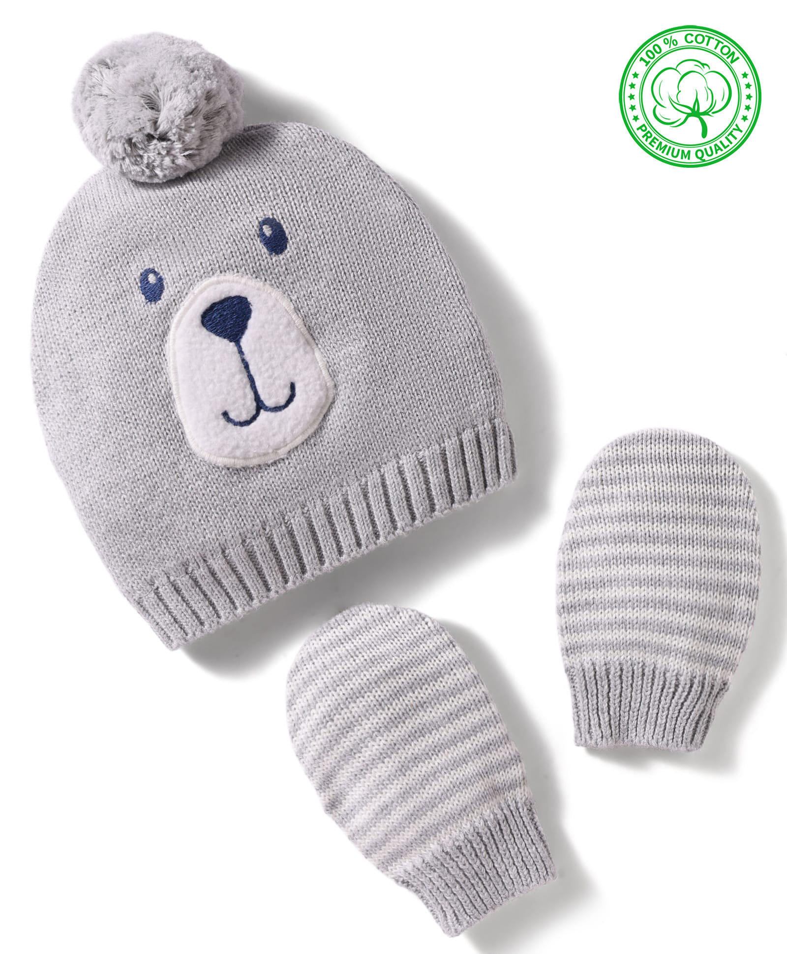 Babyhug Cotton Knit Woollen Cap & Striped Mittens With Bear Embroidery Grey - Diameter 11 cm-image-33
