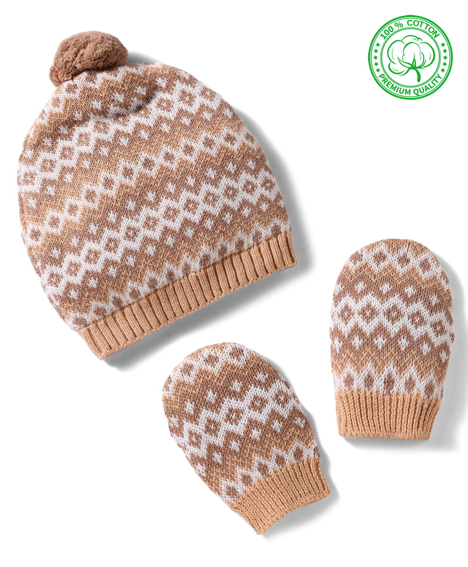 Babyhug Cotton Knit Woollen Cap & Mittens With Geometric Design Beige- Diameter 10.5 cm-image-21