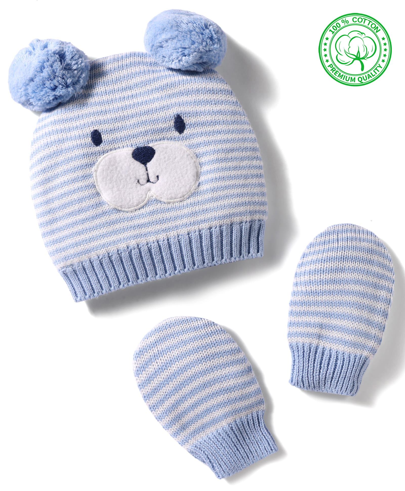 Babyhug Cotton Knit Woollen Cap & Striped Mittens With Bear Embroidery Light Blue - Diameter 10 cm-image-34
