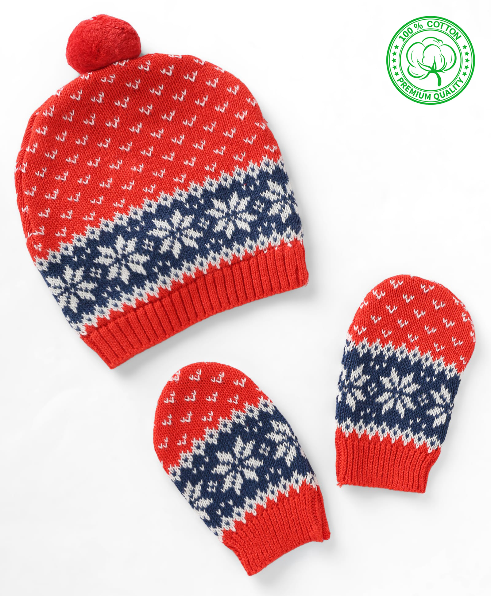 Babyhug Organic Cotton Knit Woollen Cap & Mittens With Floral Design Red- Diameter 12 cm-image-46