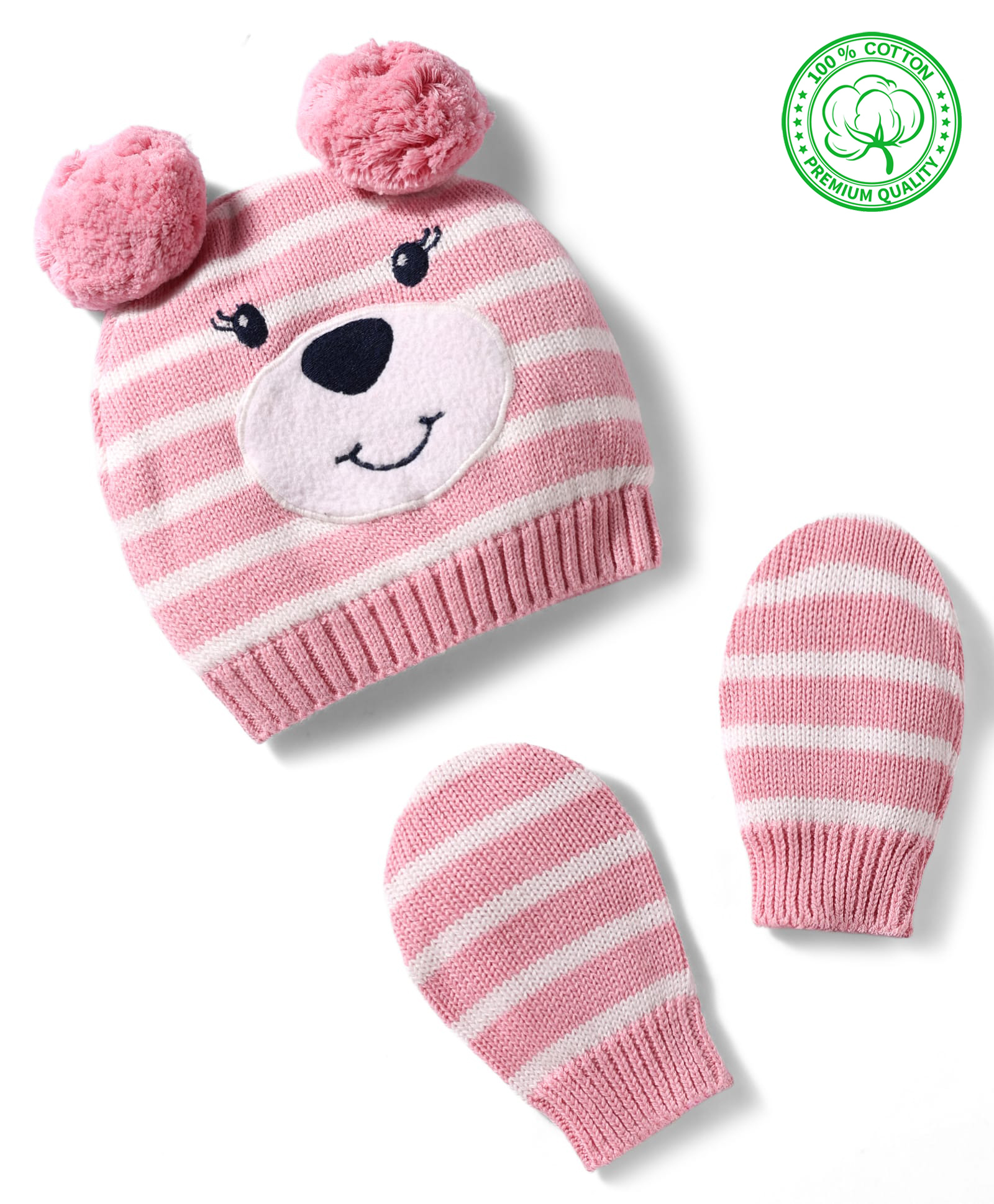 Babyhug Cotton Knit Woollen Striped Cap & Mittens With Bear Embroidery Pink - Diameter 11 cm-image-31