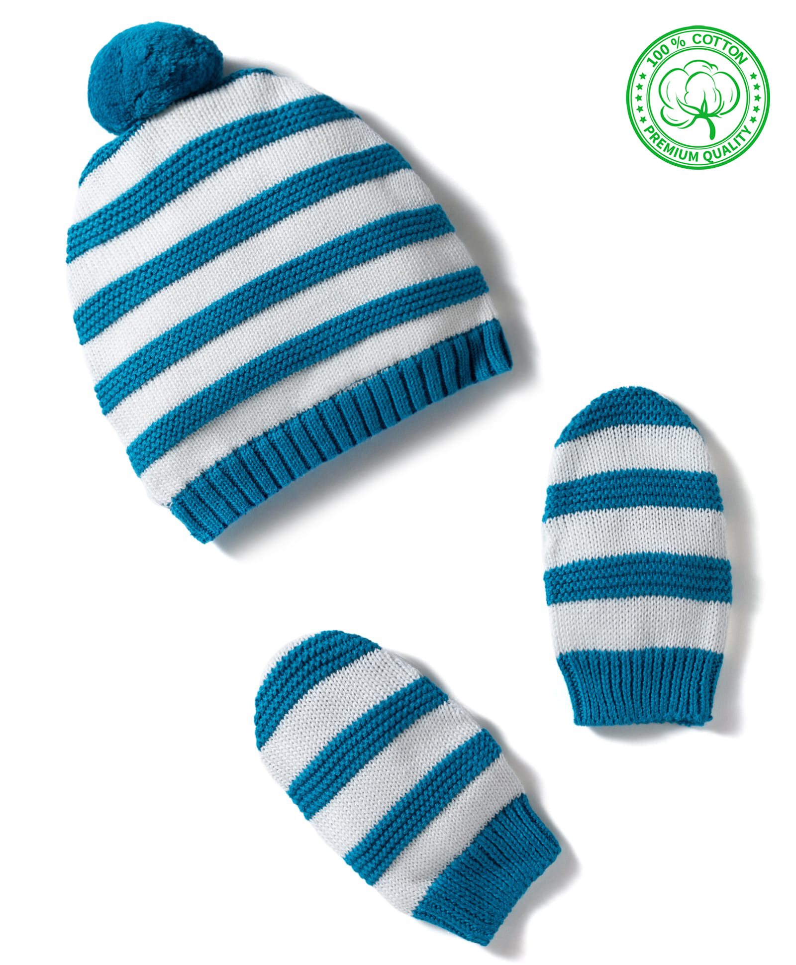Babyhug Cotton Knit Striped Woollen Cap Mittens & Booties Set Blue - Diameter 15 cm-image-18