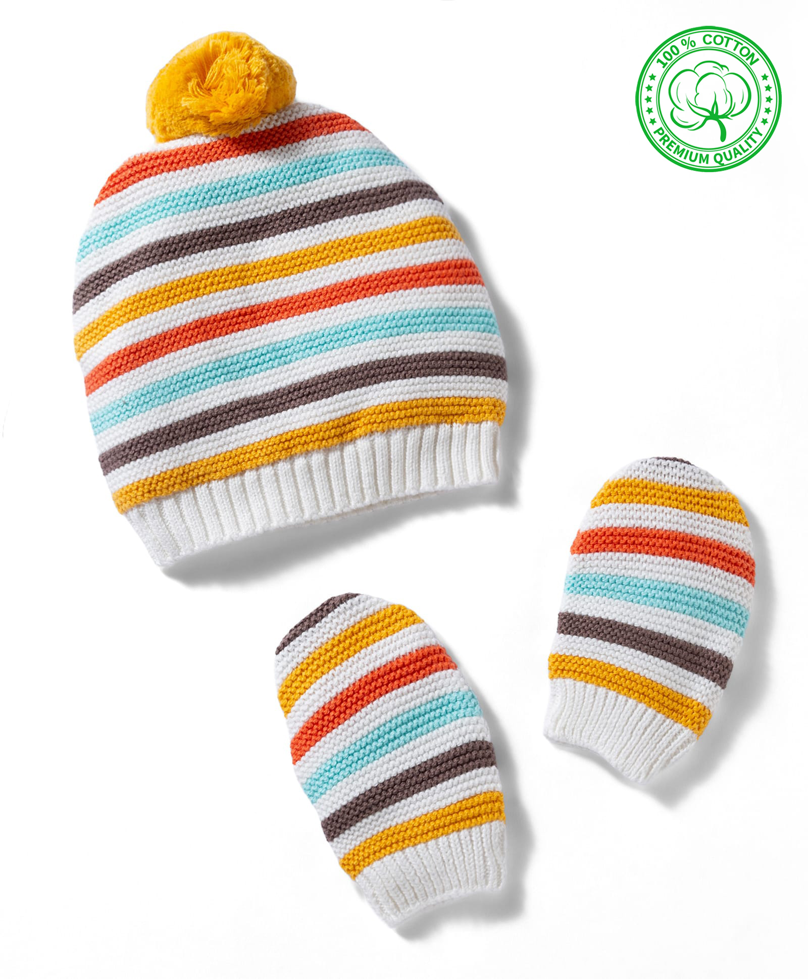 Babyhug Cotton Knit Striped Woollen Cap & Mittens Multicolor - Diameter 15 cm-picture-11