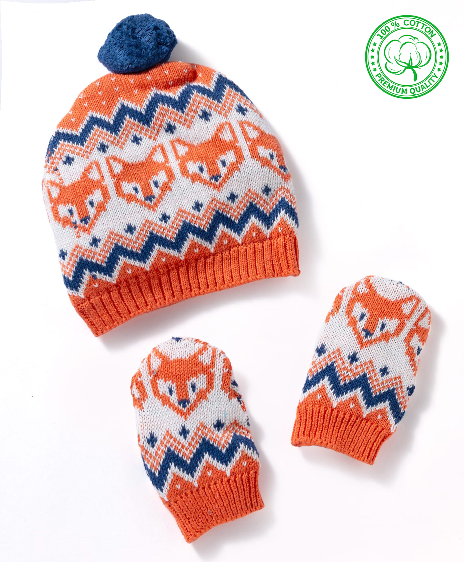 Babyhug Cotton Sweater Knit Woollen Cap & Mittens With Fox Design Orange - Diameter 15 cm-image-27