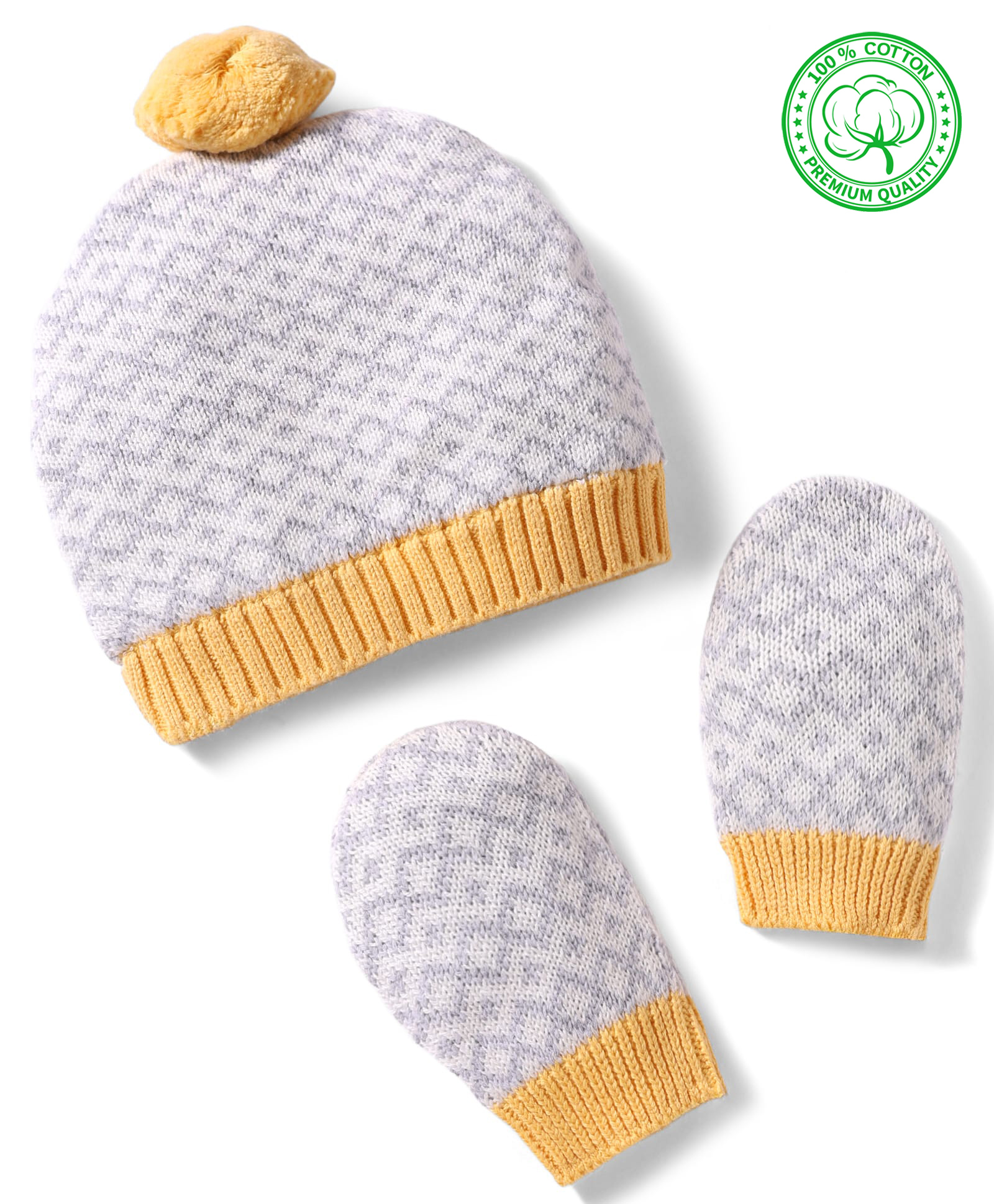 Babyhug Cotton Knit Woollen Cap & Mittens With Geometric Design Grey- Diameter 12 cm-image-40