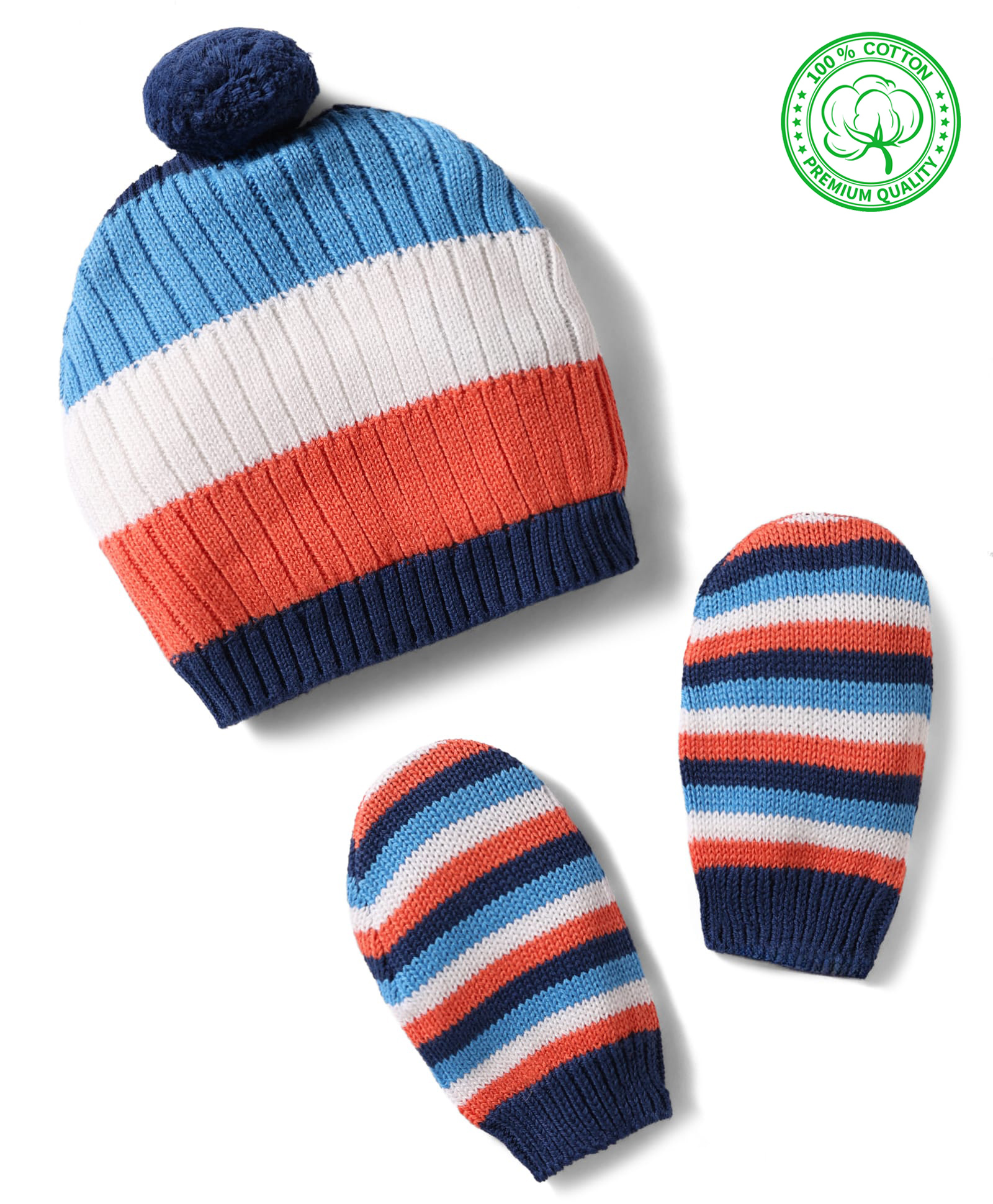 Babyhug Cotton Knit Woollen Cap & Mittens With Striped Design Multicolor- Diameter 12 cm-image-35