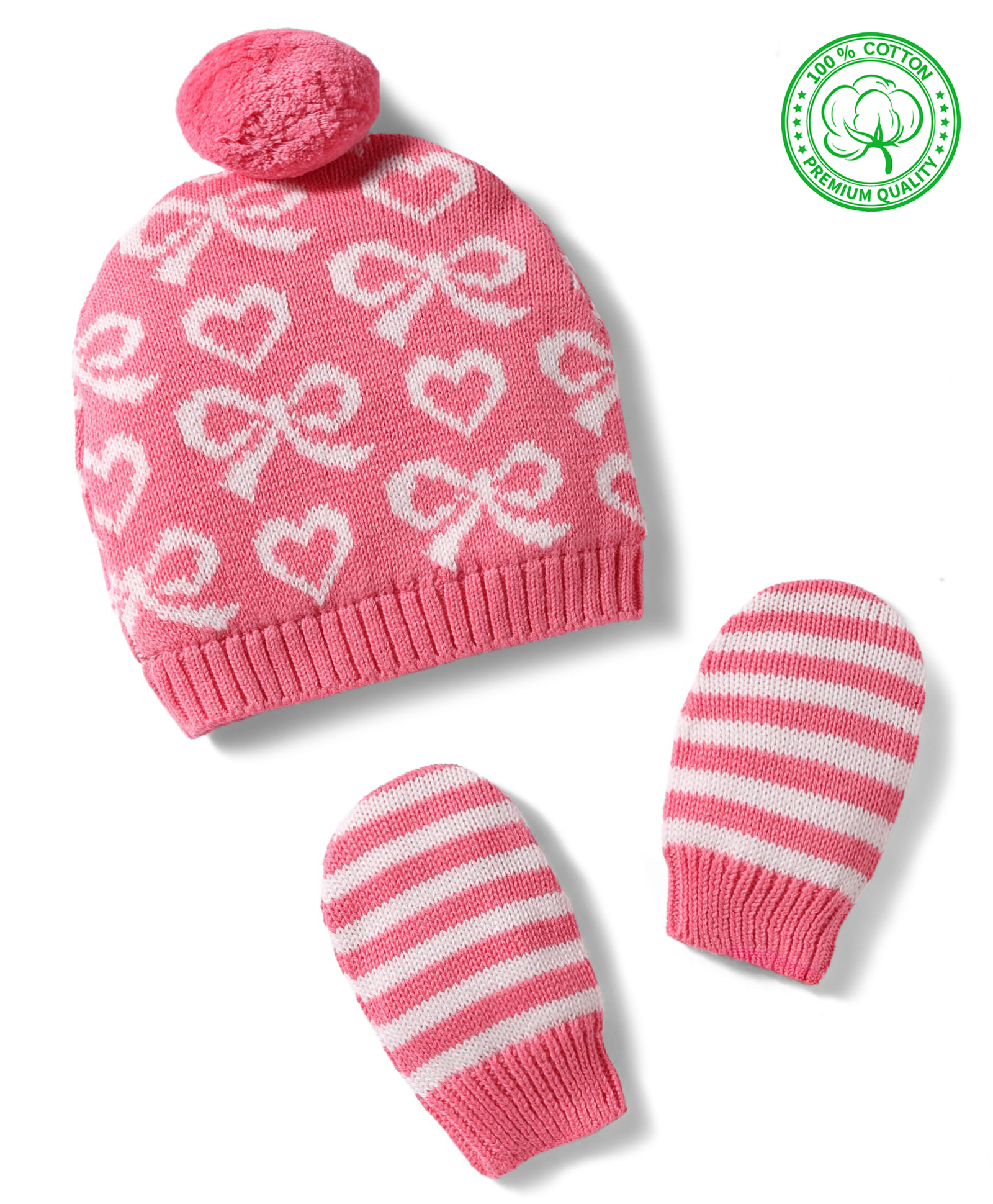 Babyhug Cotton Knit Woollen Cap & Mittens With Bow Design Pink- Diameter 10 cm-image-5