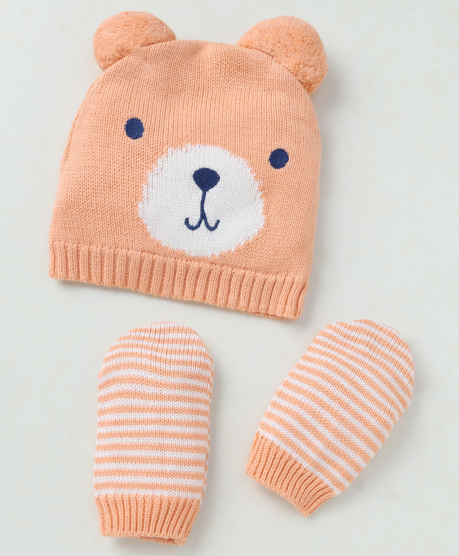 Babyhug Organic Cotton Knit Woollen Caps and Set With Pom Pom Cap With Bear Design Peach - Diameter 14 cm-image-48