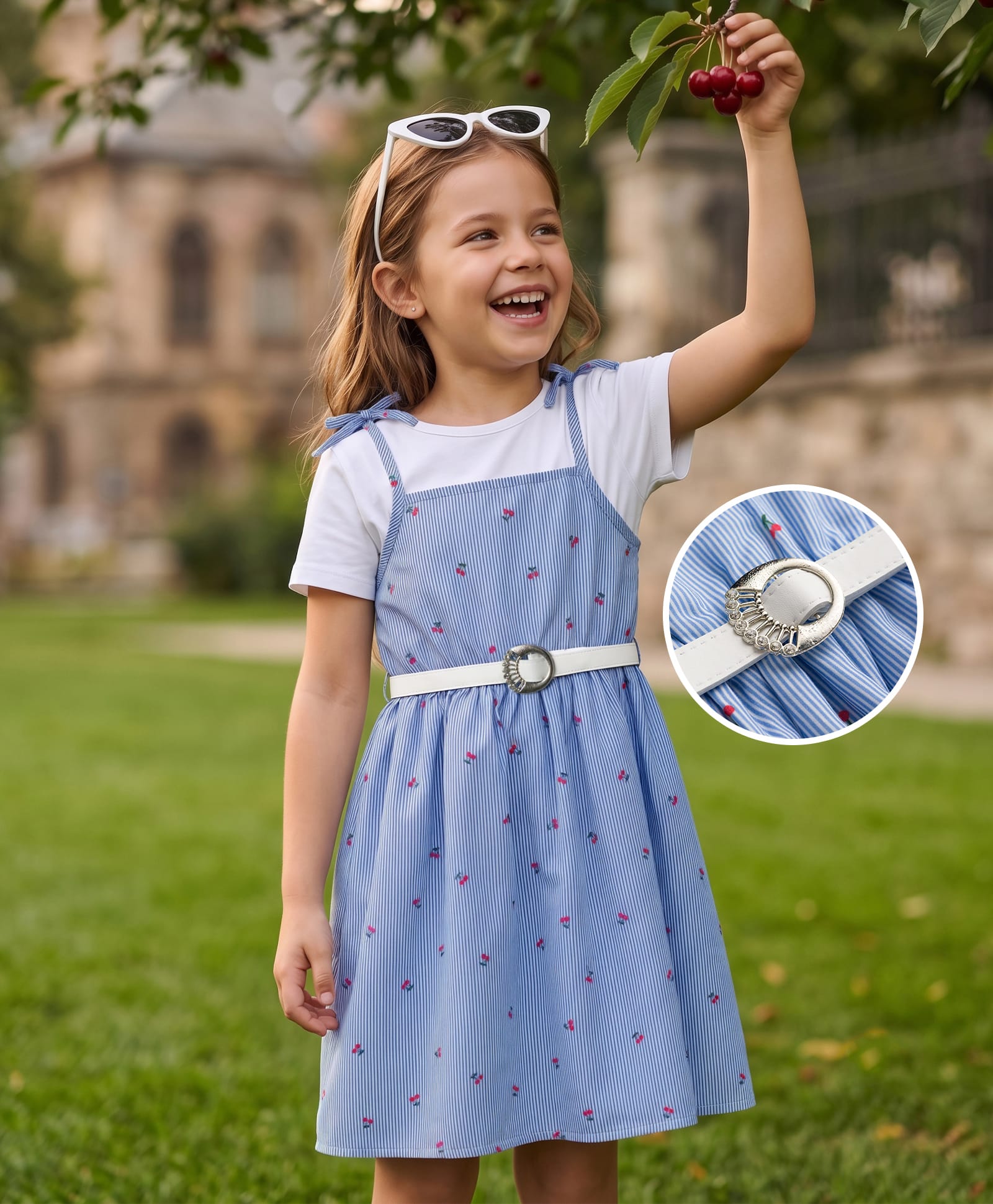Hola Bonita Woven Half Sleeves Striped Dress with Cherry Print & Belt - Multicolor-image-40