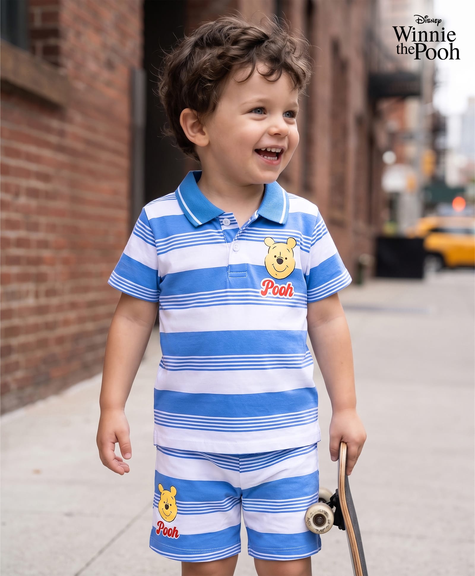 Babyhug Disney 100% Cotton Knit Half Sleeves Striped Co-Ords Collared Pique T-Shirt & Shorts Set With Winnie The Pooh Graphic - Blue-picture-19