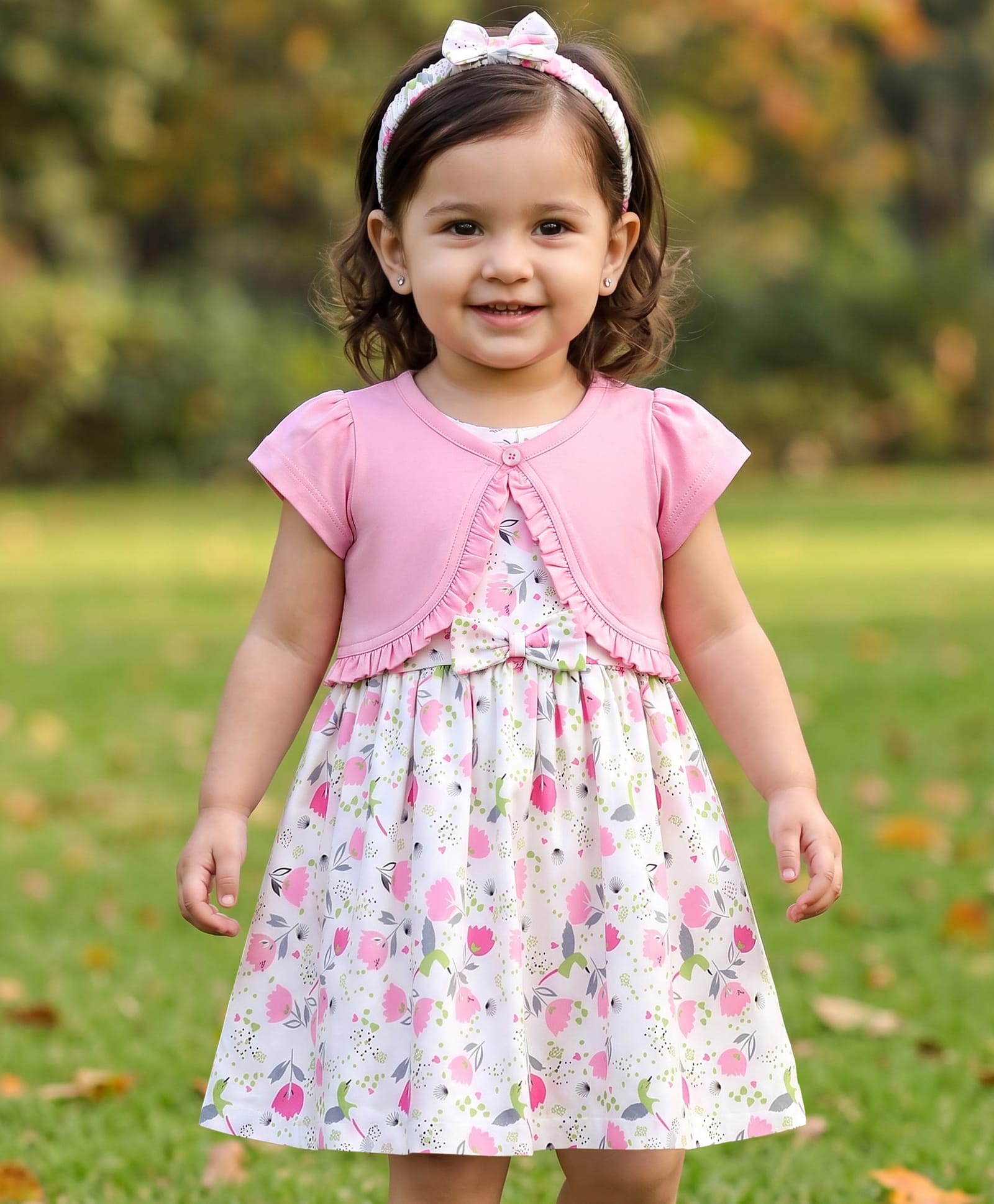 Babyhug Poplin Woven Floral Printed Frock with Half Sleeves Shrug & Headband- White & Pink-image-45