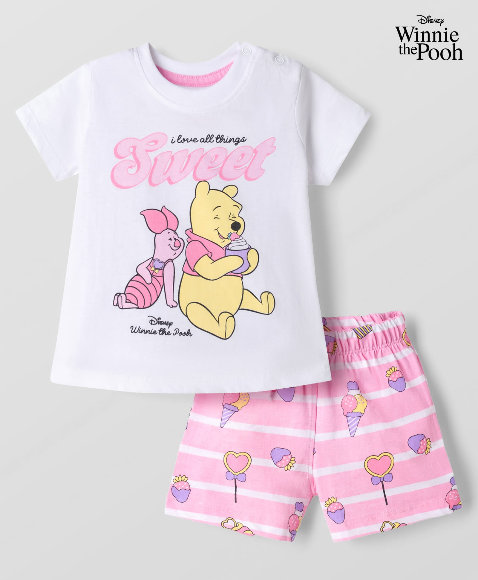 Babyhug Disney Single Jersey Knit Half Sleeves T-Shirt & Striped Shorts Night Suit With Winnie The Pooh Graphic & Strawberry Print - White-image-33
