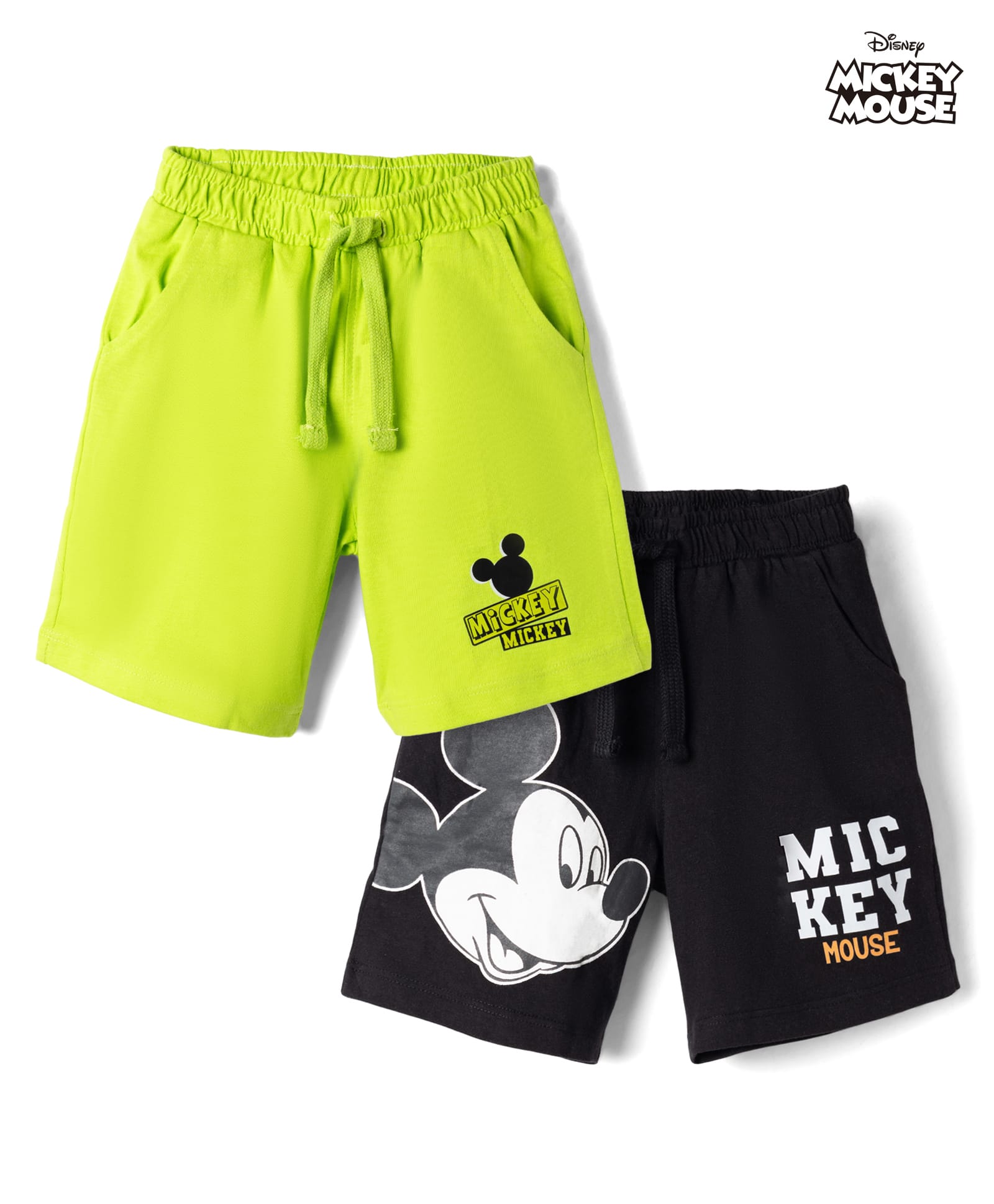 Babyhug Disney Terry Knit Knee Length Shorts with Mickey Mouse Graphics Pack of 2 - Neon Green & Black-image-27