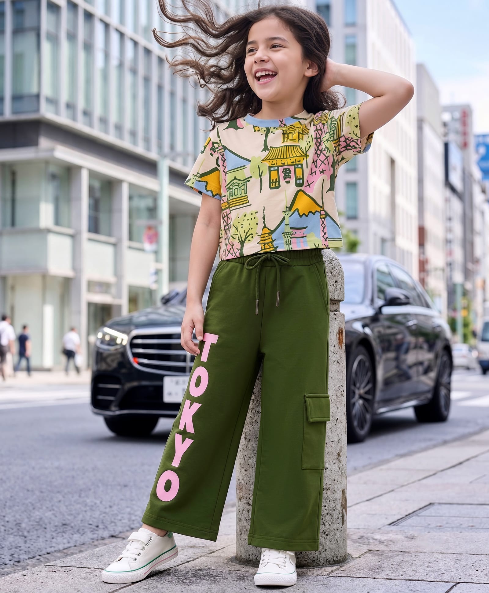 OLLINGTON ST. Cotton Sinker Knit Half Sleeves Top & Culottes Set Tokyo Print - Beige-image-7