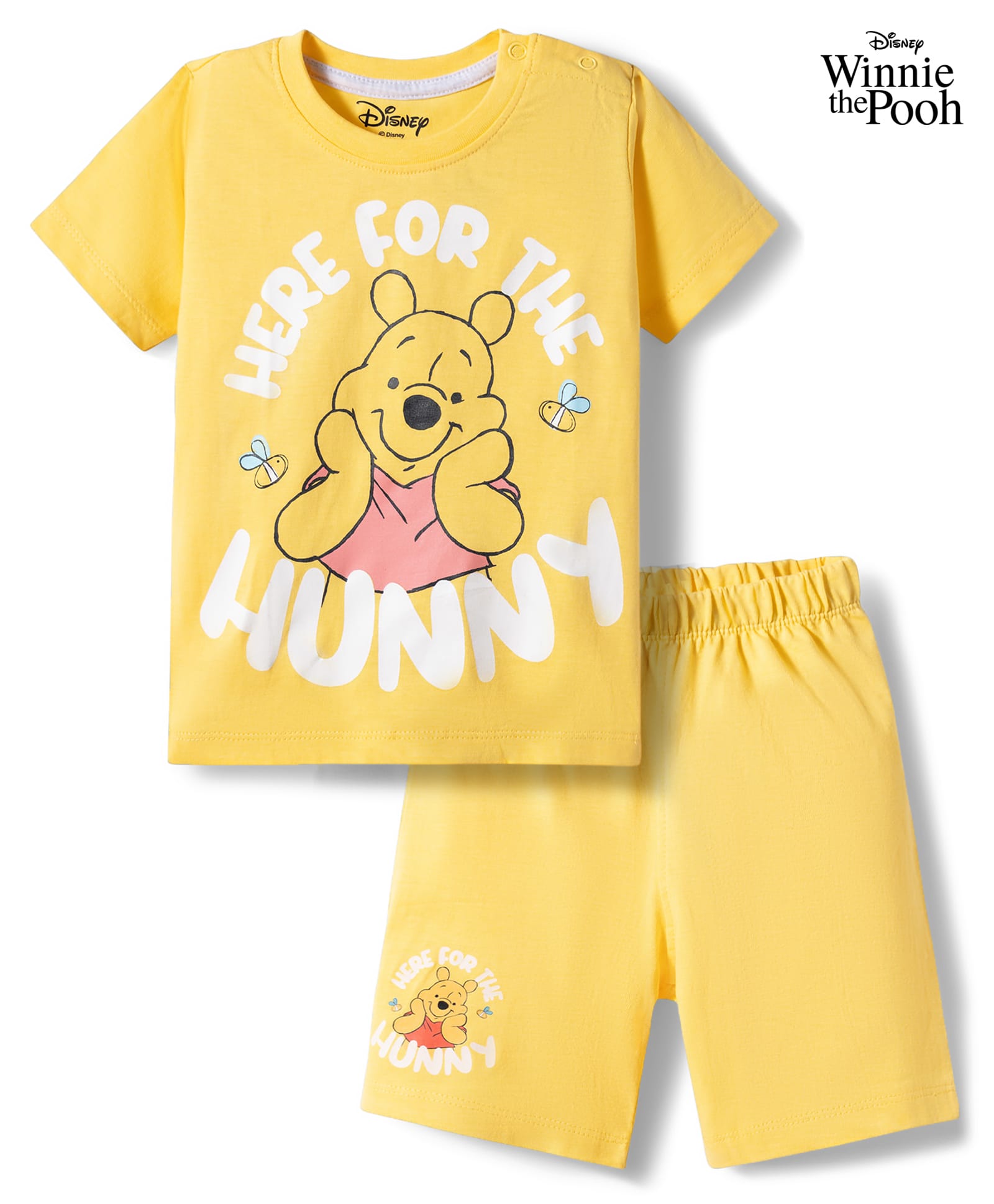 Babyhug Disney Single Jersey Knit Half Sleeves T-Shirt & Striped Shorts Night Suit With Winnie The Pooh Graphic - Yellow-image-34