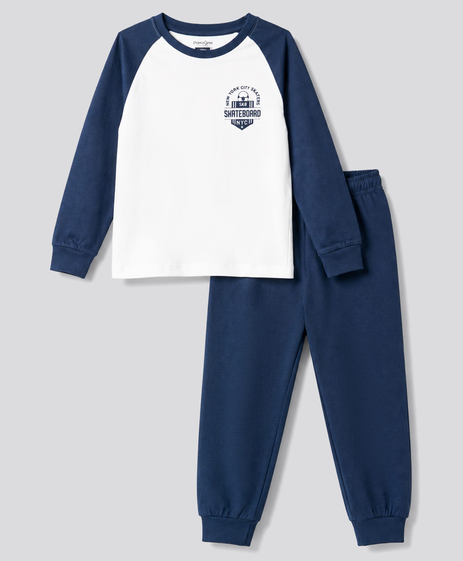 Primo Gino 100% Cotton Knit Raglan Full Sleeves Text Printed T-Shirt & Pyjama Night Suit - White & Navy Blue-image-26