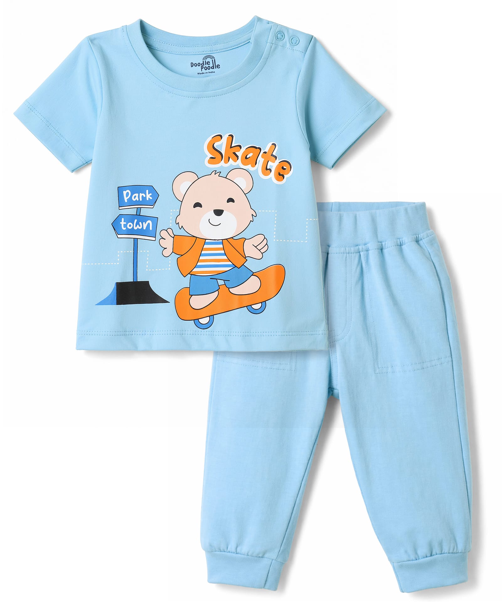 Doodle Poodle 100% Cotton Single Jersey Knit Half Sleeves T-Shirt & Pant Set With Bear Print - Blue-image-26