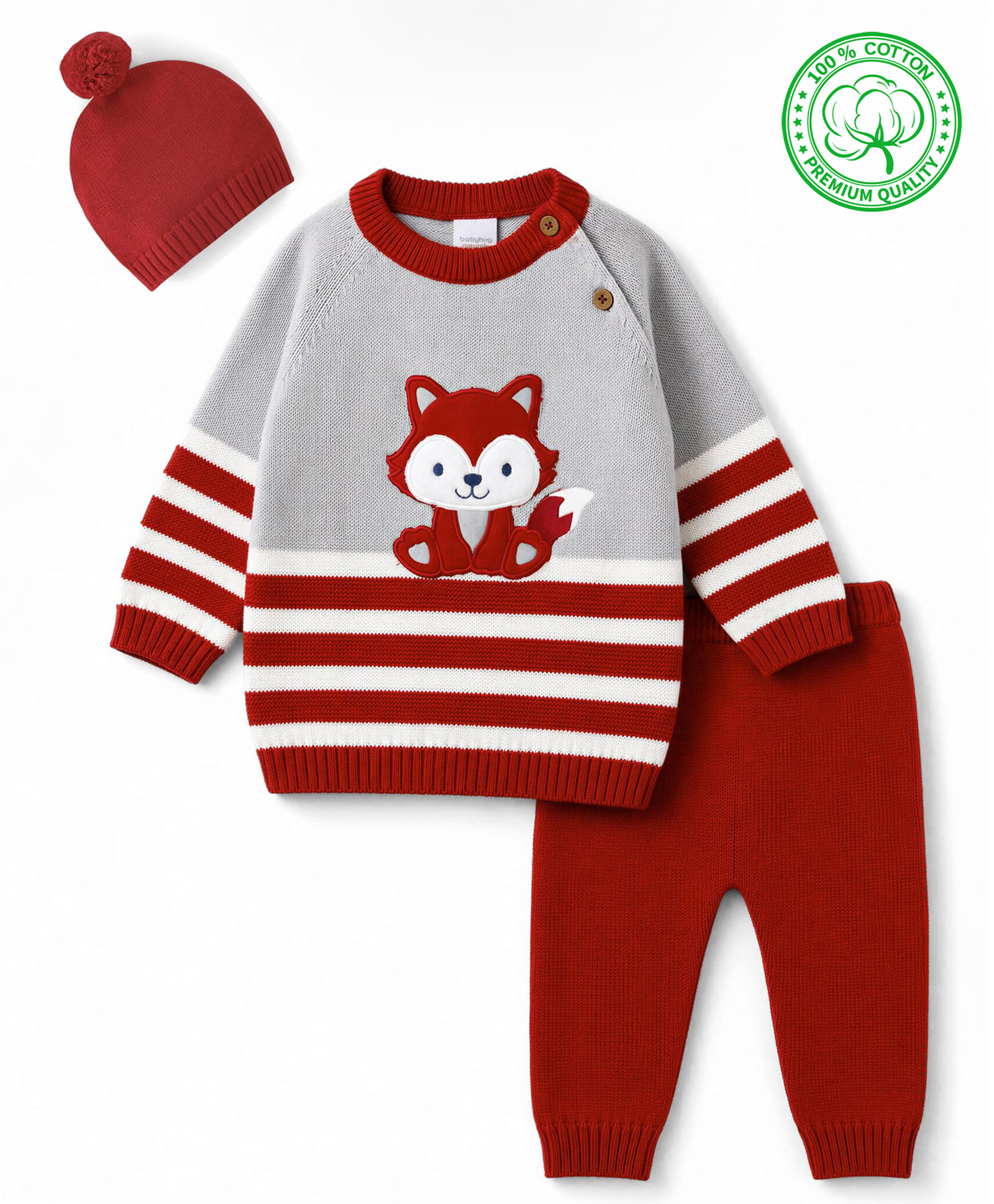 Babyhug 100% Cotton Knit Full Raglan Sleeves Fox Embroidered Sweater Set With Cap - Red-picture-27
