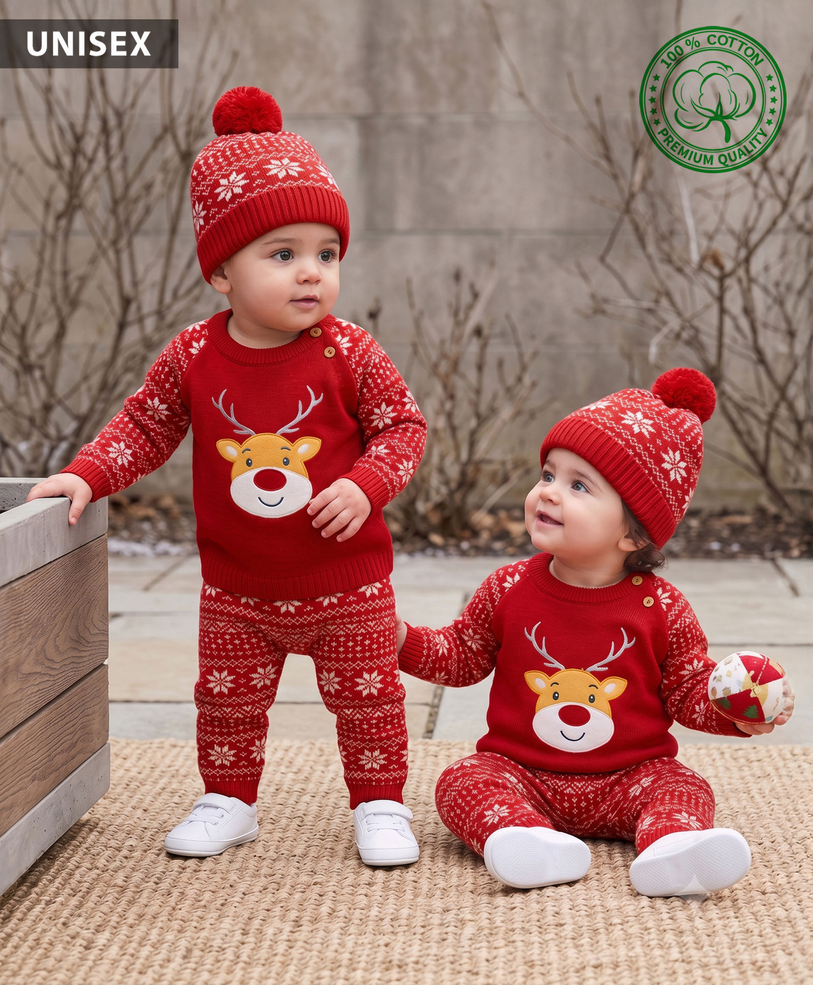 Babyhug Knit Full Raglan Sleeves Reindeer Designed Sweater Set with Cap - Red-picture-11