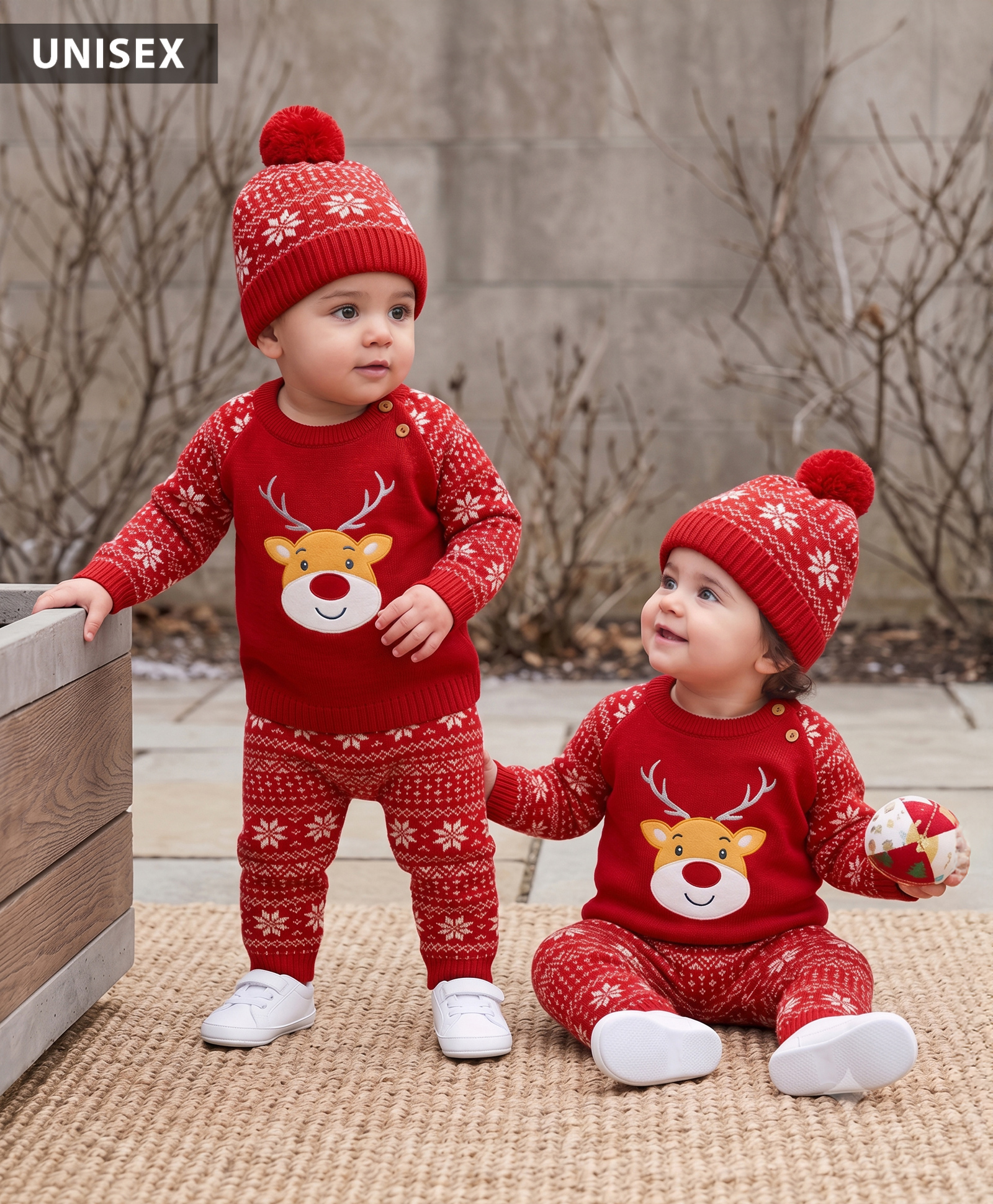 Babyhug Knit Full Raglan Sleeves Reindeer Designed Sweater Set with Cap - Red-picture-11