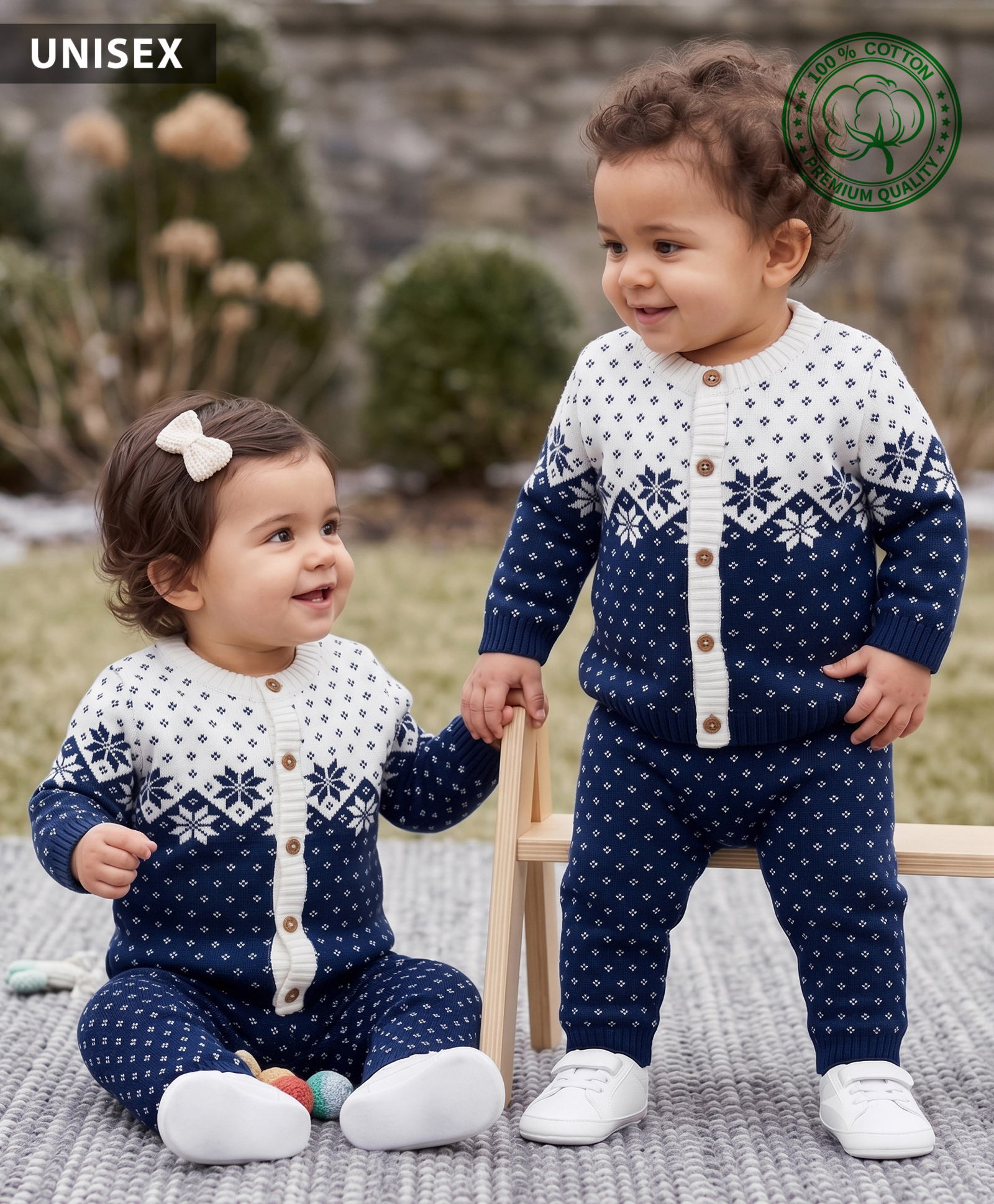 Babyhug Knit Full Sleeves Floral Designed Front Open Sweater Set with Cap - Navy-picture-22