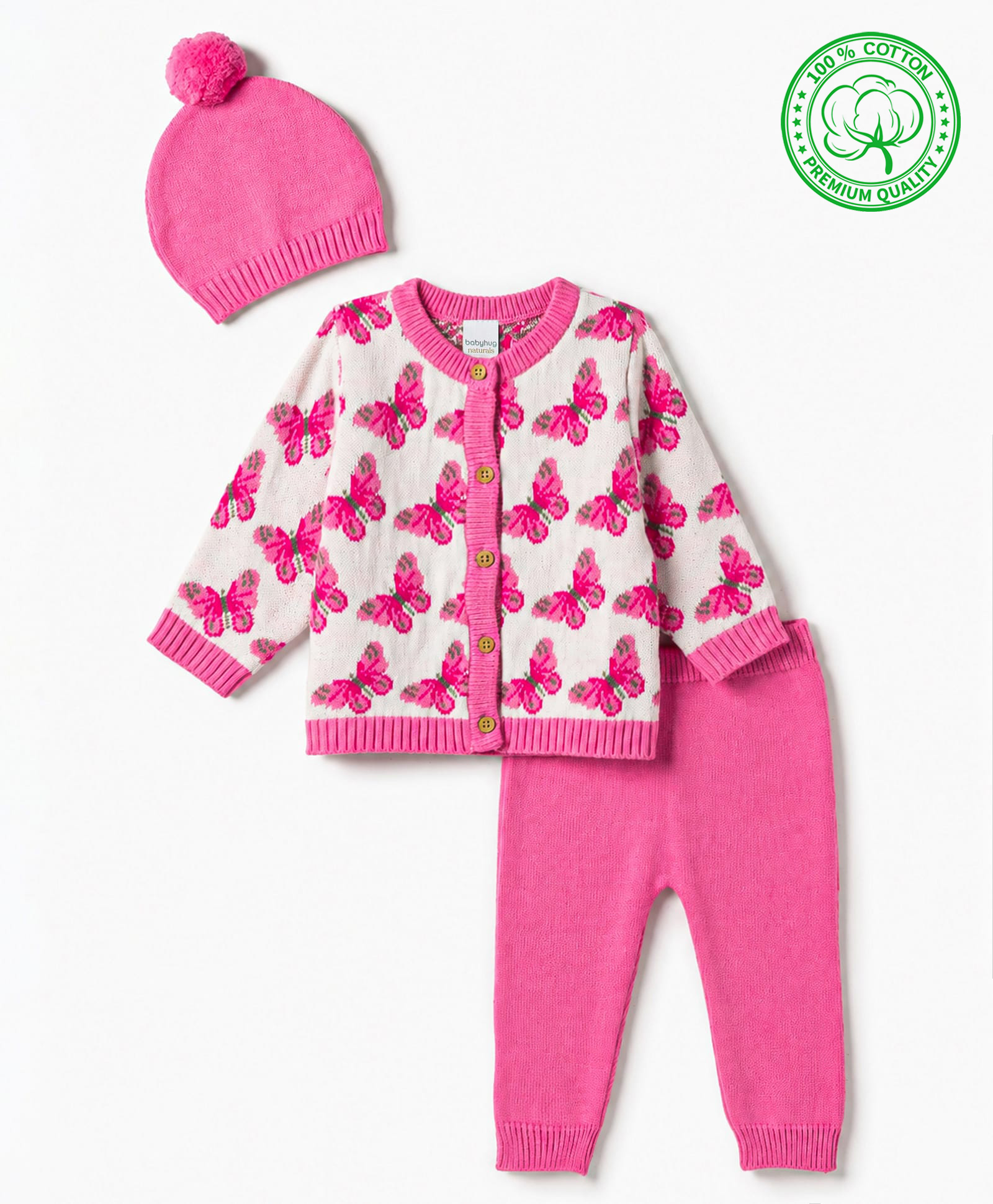 Babyhug Knit Organic Cotton Full Sleeves Butterfly Designed Front Open Sweater Set with Cap - Pink-image-20