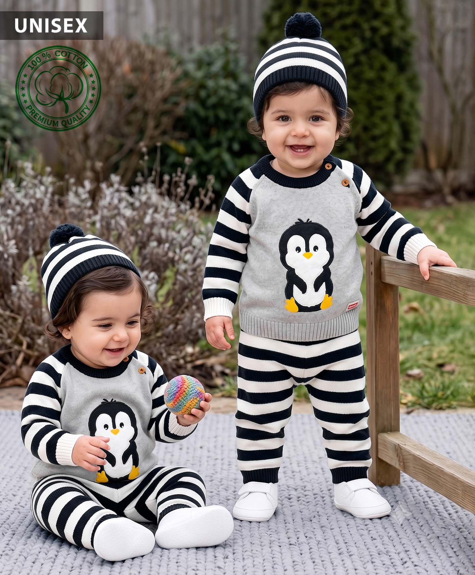 Babyhug Knit Full Raglan Sleeves Penguin Designed Sweater Set with Cap - Navy-picture-25