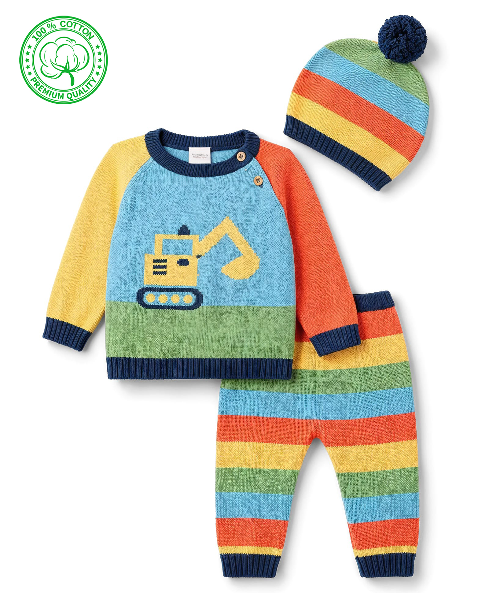 Babyhug Organic Cotton Knit Full Raglan Sleeves Colour Block Striped & JCB Designed Sweater Set With Cap- Sky-image-17