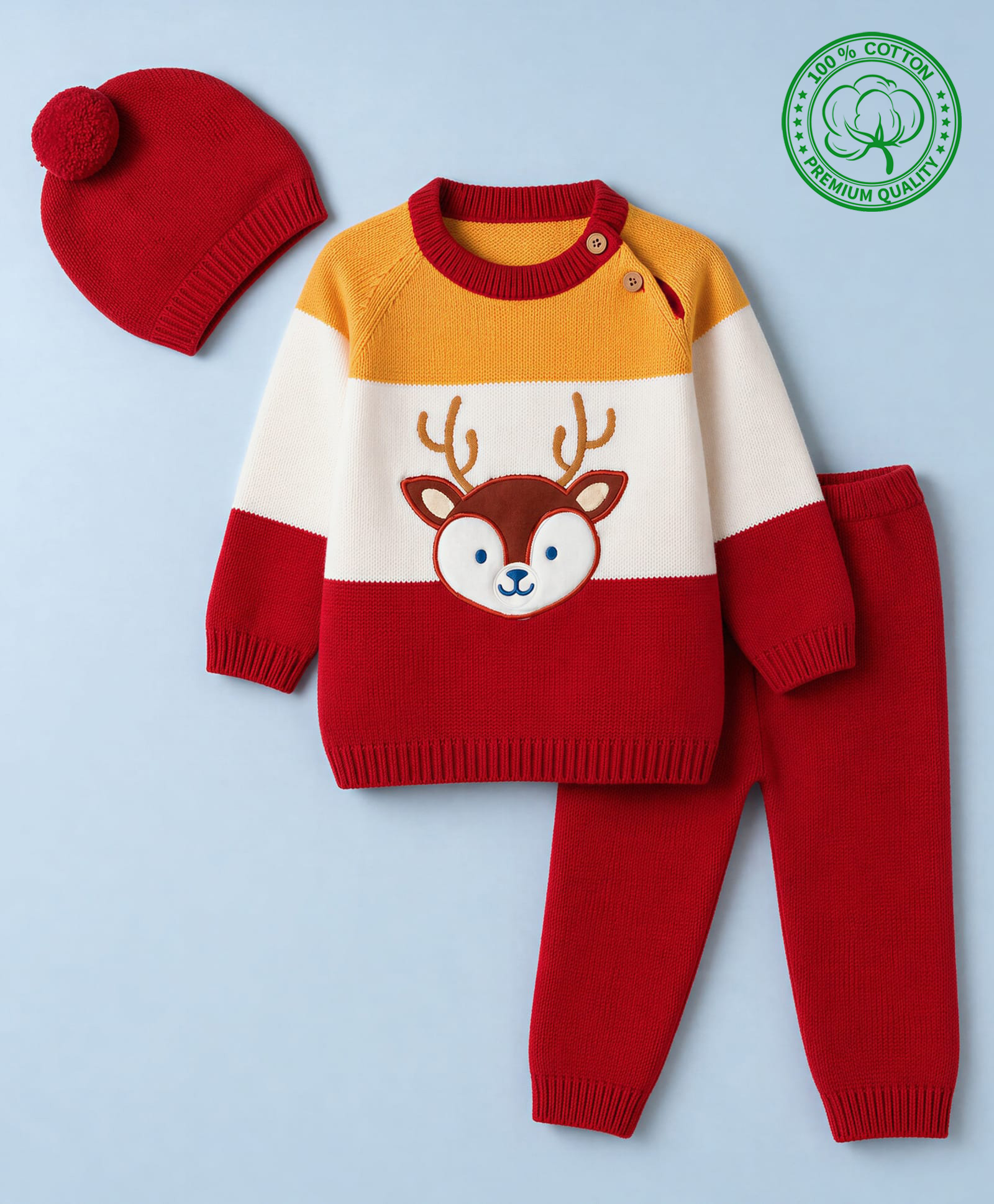 Babyhug Cotton Knit Full Sleeves Dear Applique Sweater Set with Cap - Red-picture-26