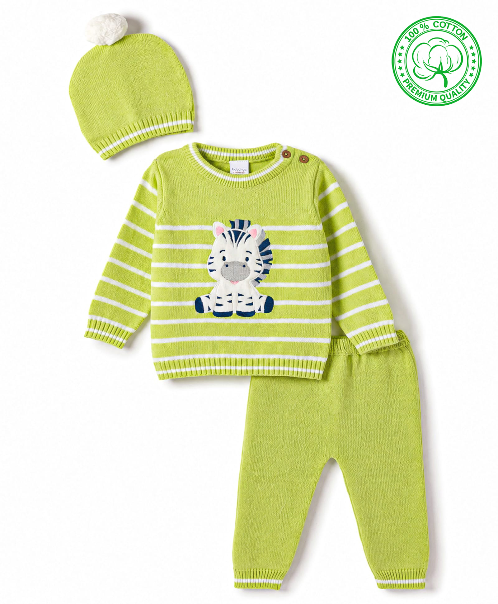 Babyhug Organic Cotton Knit Full Sleeves Striped & Zebra Designed Sweater Set With Cap- Lime Green-image-11