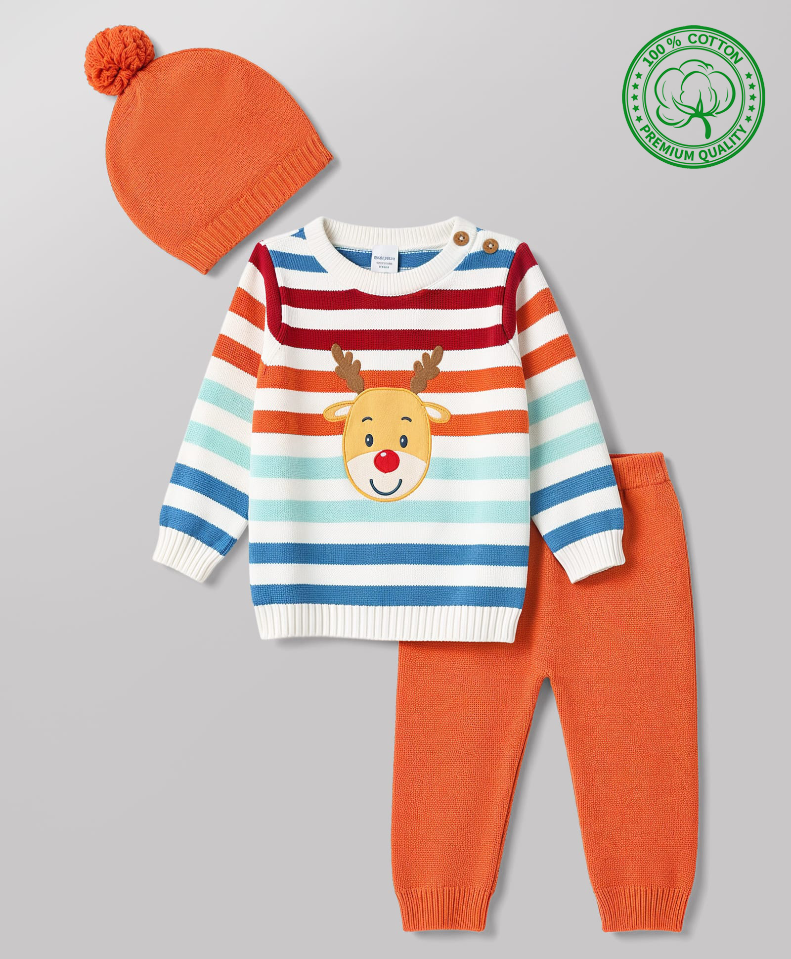 Babyhug Organic Cotton Knit Full Sleeves Striped & Zebra Designed Sweater Set With Cap- Rust Orange-picture-17