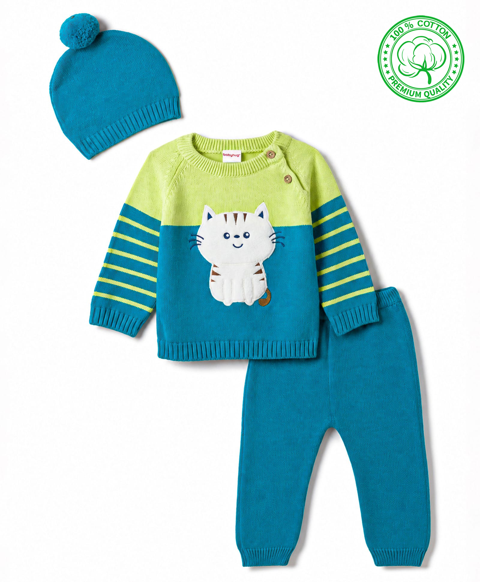 Babyhug Organic Cotton Knit Full Raglan Sleeves Striped & Kitten Patched Sweater Set With Cap- Teal Blue-picture-28