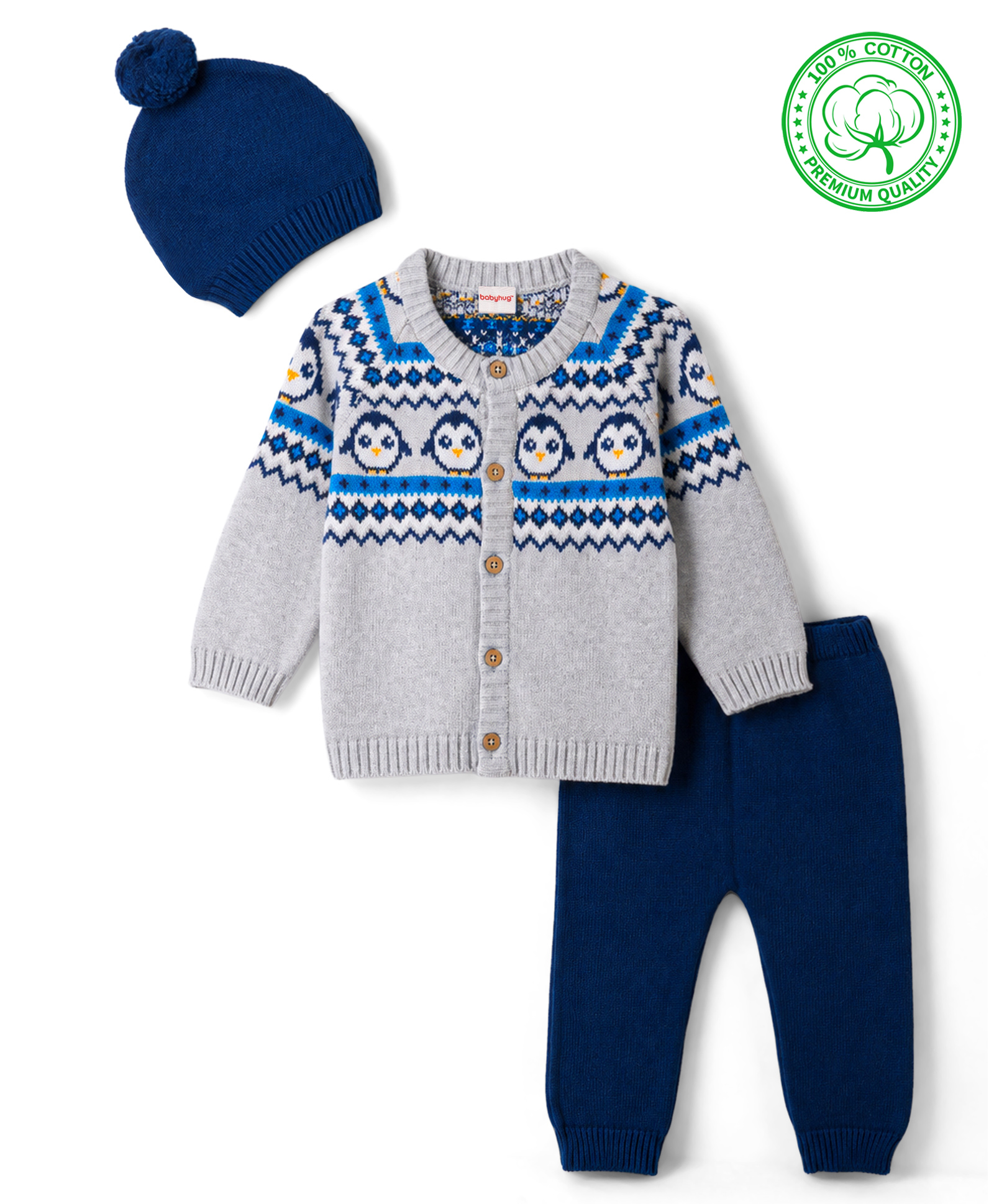 Babyhug Knit Full Raglan Sleeves Penguin Designed Sweater Set with Cap - Navy & Grey-image-5
