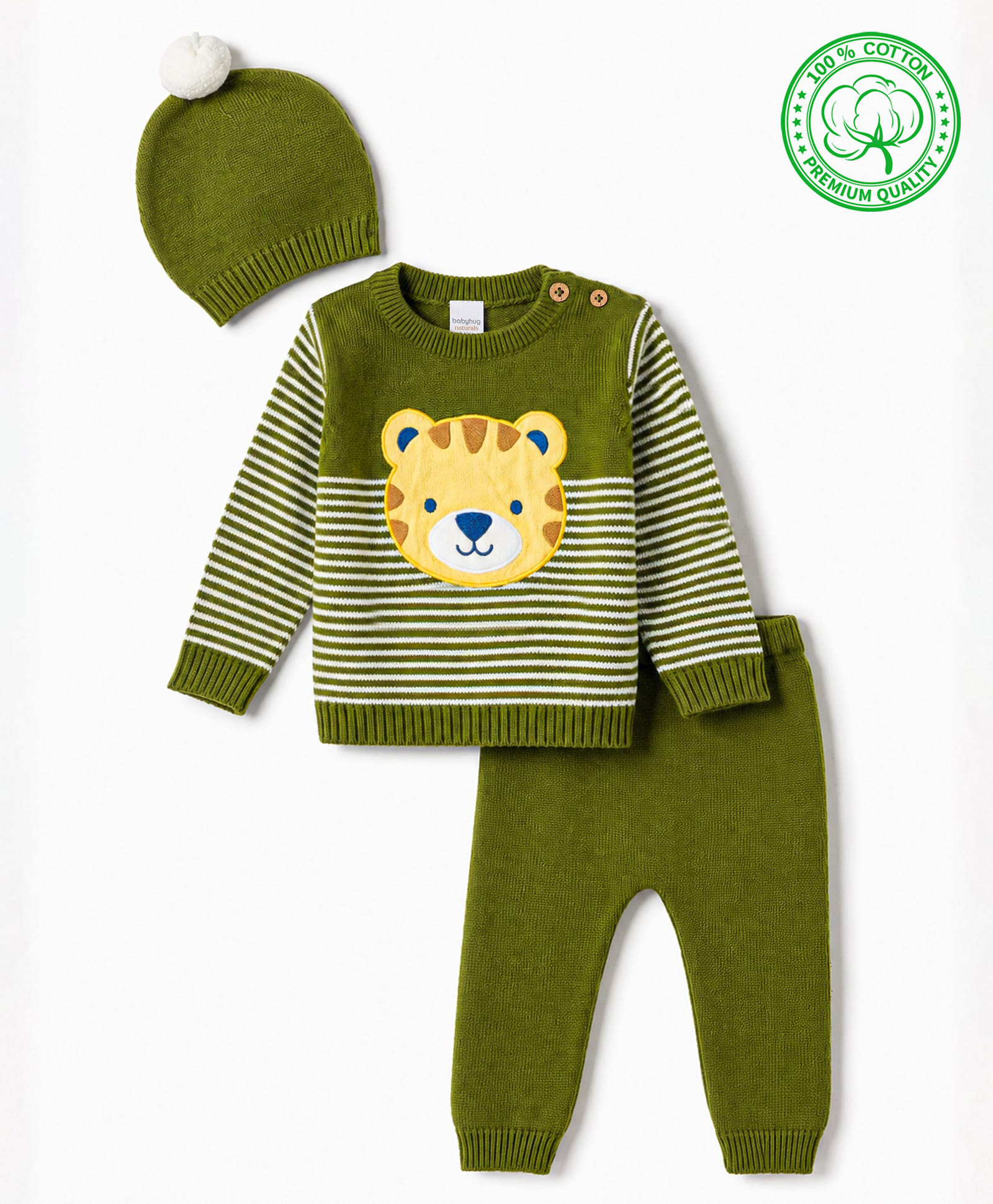 Babyhug Organic Cotton Knit Full Sleeves Striped & Tiger Patched Sweater Set With Cap- Olive-image-15