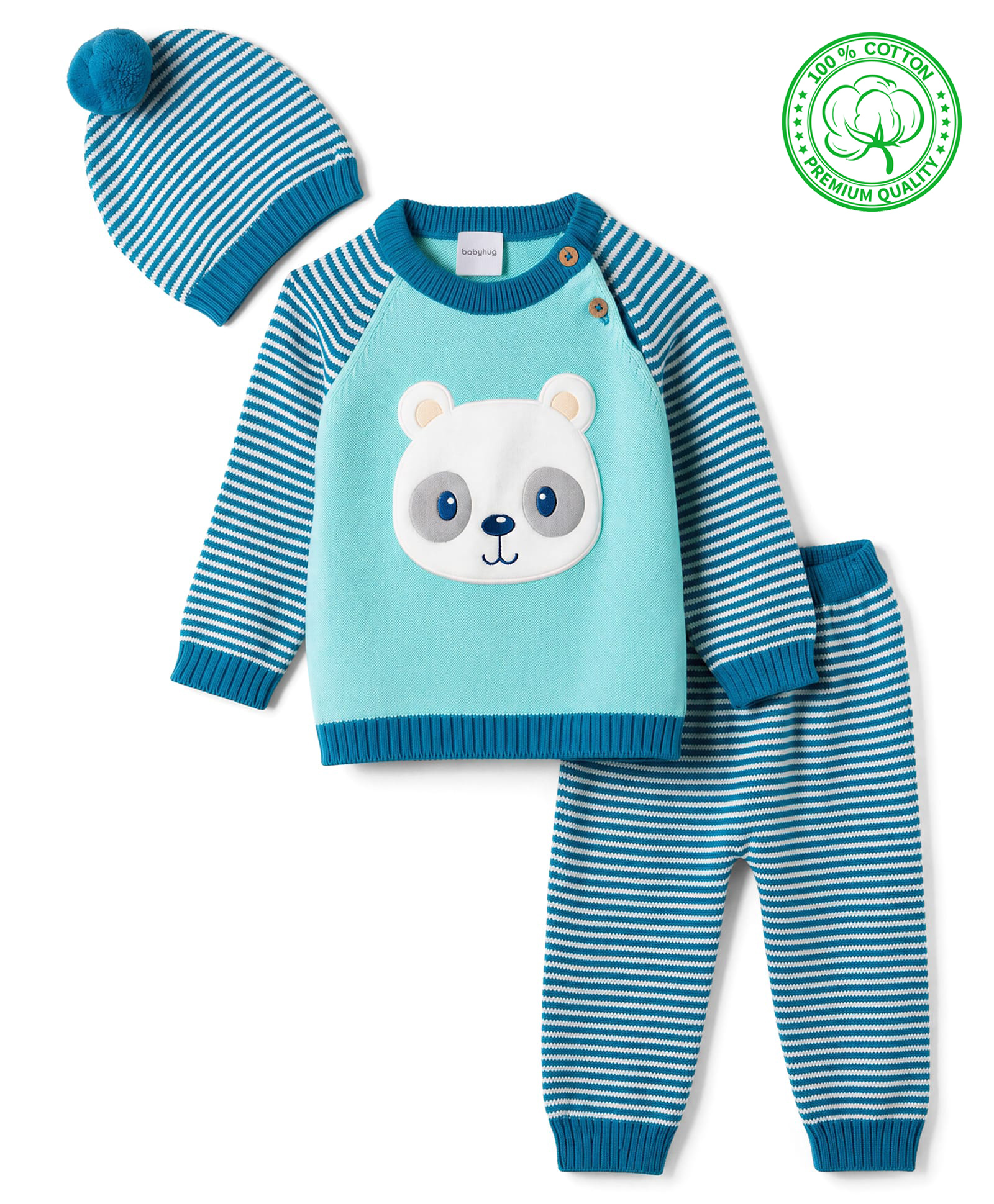 Babyhug Knit Full Raglan Sleeves Striped Sweater Set with Cap & Bear Face Applique - Blue-image-43
