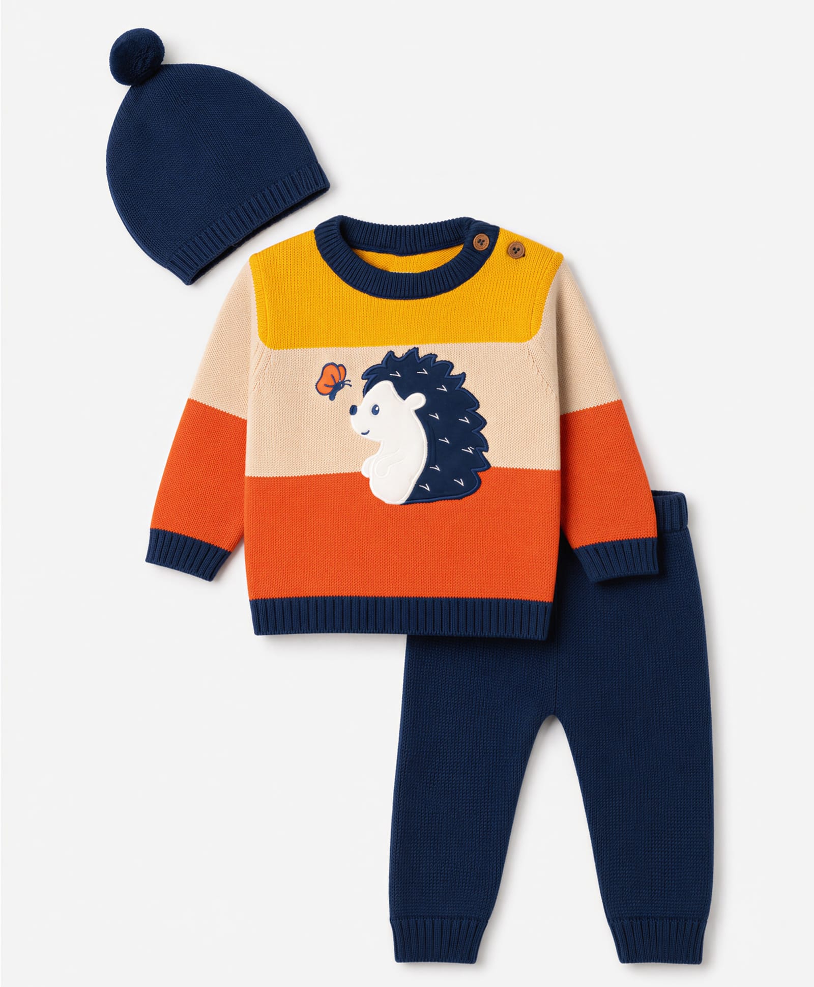 Babyhug Cotton Knit Full Sleeves Animal & Butterfly Embroidered Sweater Set With Cap - Navy Blue-image-41