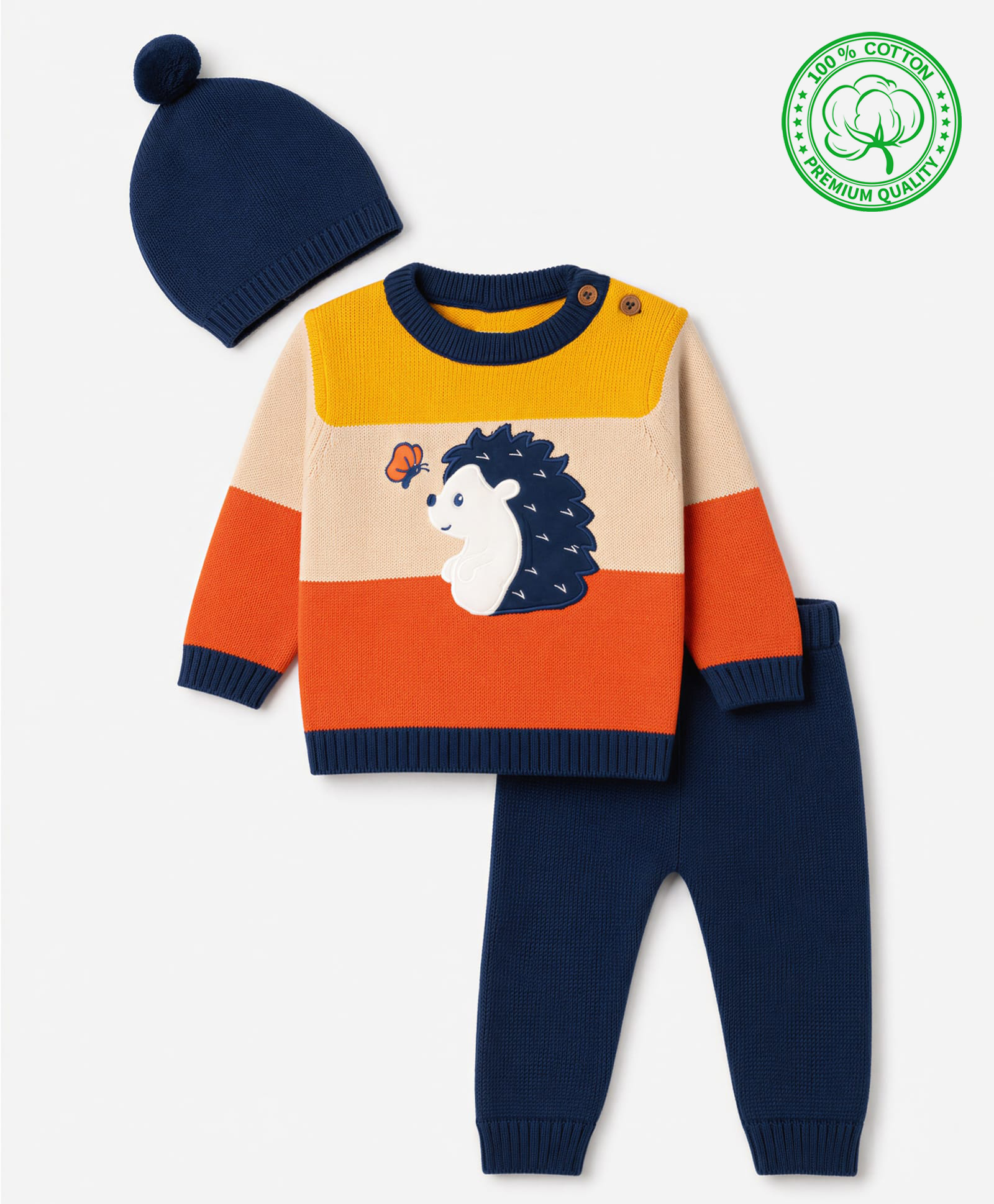 Babyhug Cotton Knit Full Sleeves Animal & Butterfly Embroidered Sweater Set With Cap - Navy Blue-picture-19