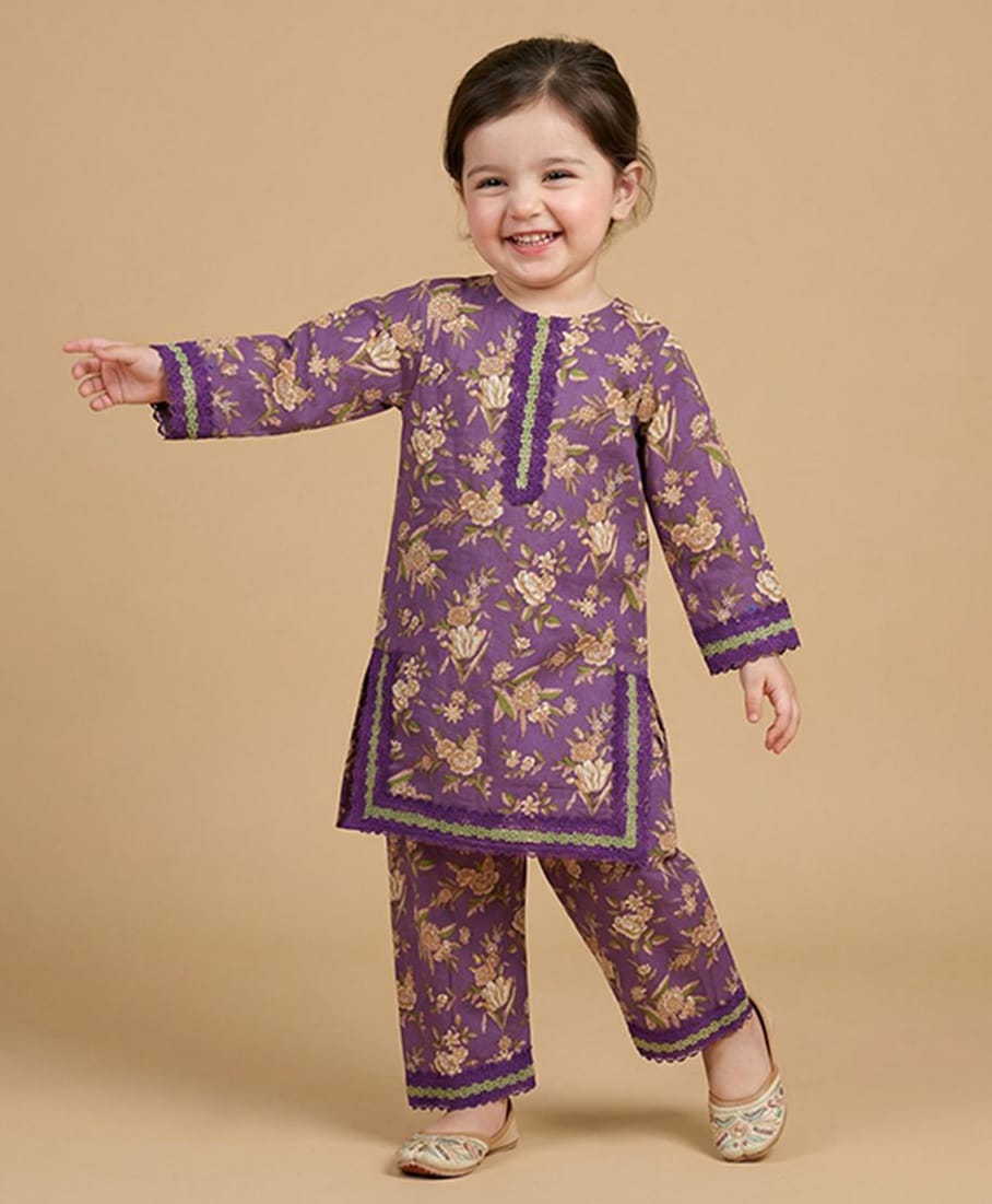BYB Premium Cotton Woven Full Sleeves Floral Printed Kurti & Salwar Set - Purple-picture-28
