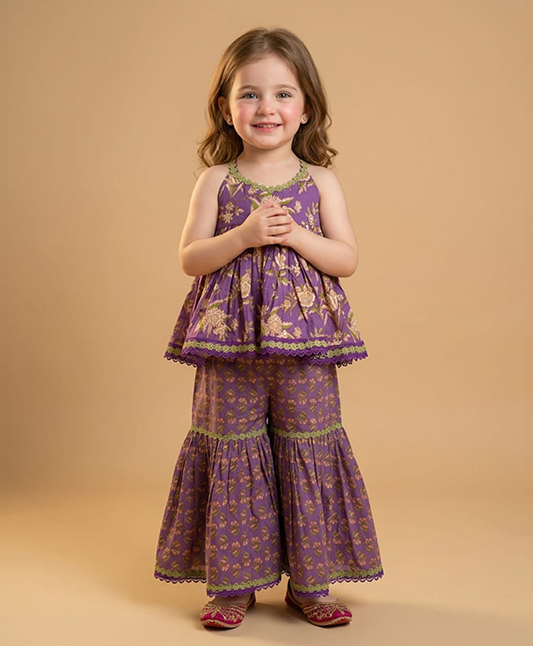 BYB Premium Cotton Woven Sleeveless Floral Embroidered Kurti & Sharara Set - Purple-picture-16