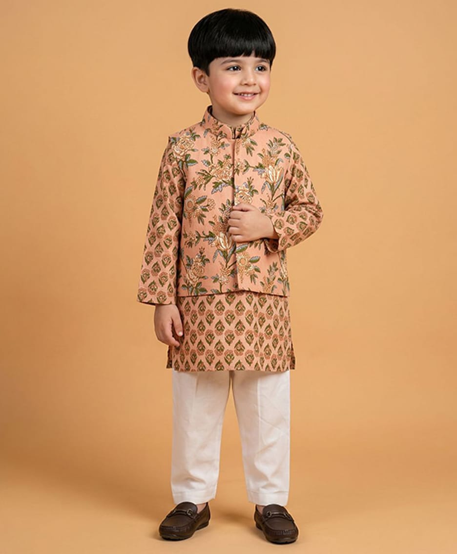BYB Premium Cotton Woven Full Sleeves Floral Printed Kurti & Pyjama With Nehru Jacket Set - Peach-image-36