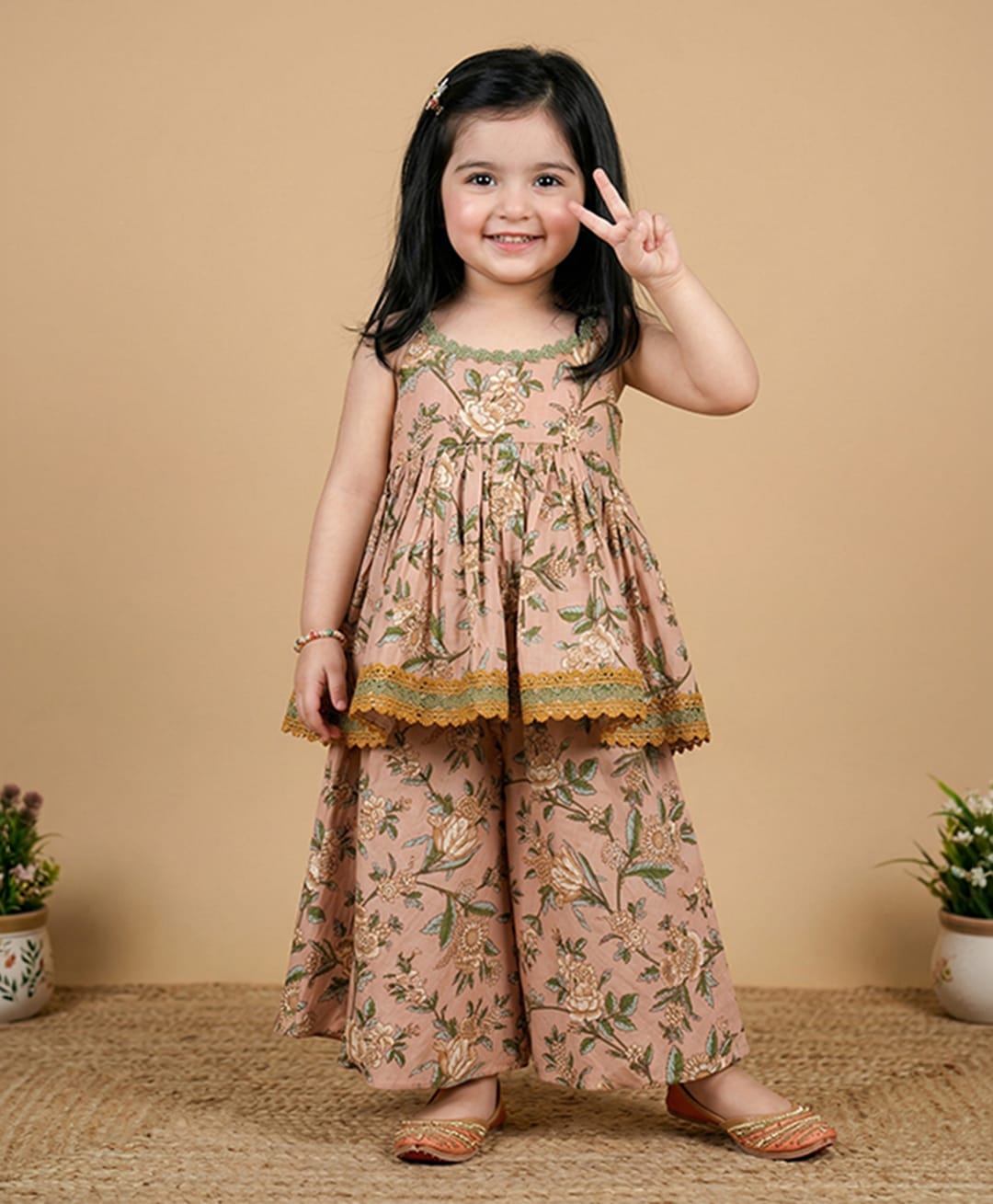BYB Premium Cotton Woven Sleeveless Floral Embroidered Kurti & Palazzo Set - Peach-image-19