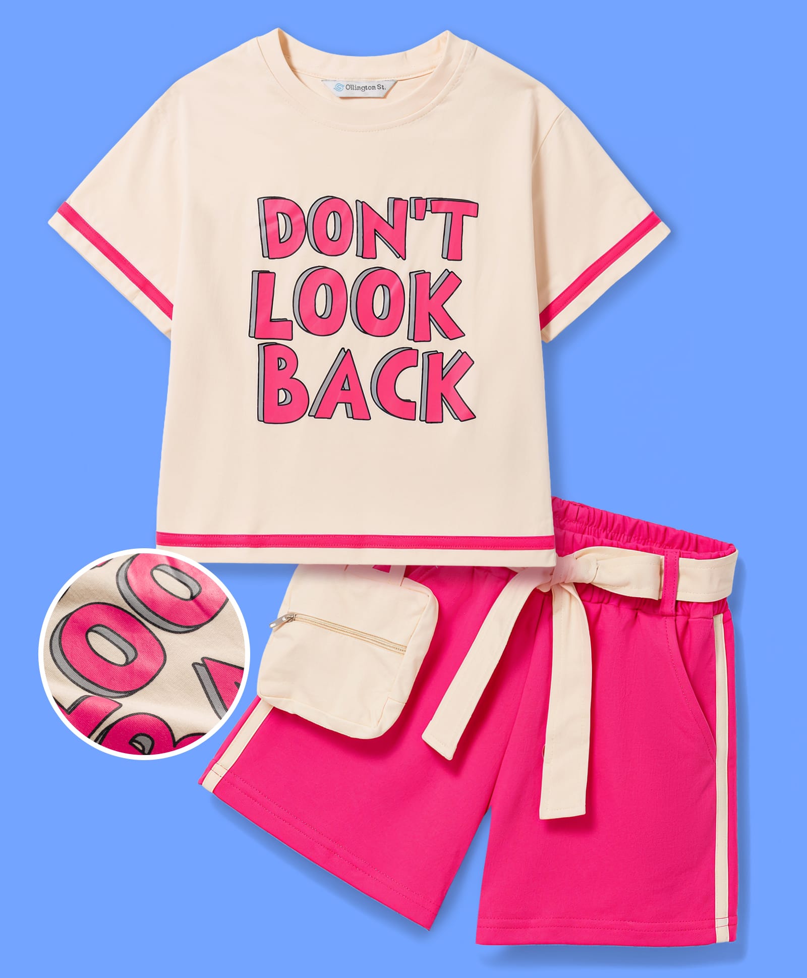 OLLINGTON ST. Sinker Knit Drop Shoulder Sleeves T-Shirt & Shorts Set With Attached Pouch & Text Print - Offwhite & Pink-picture-11