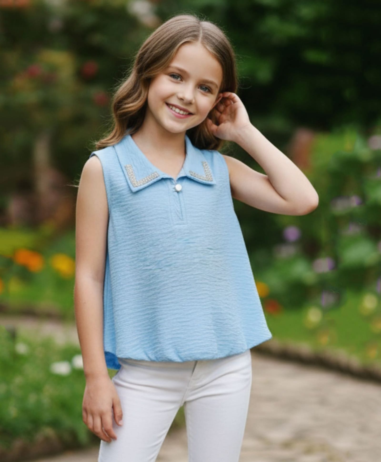 Lei-Chie Cotton Woven Sleeveless Stones Embellished Top - Blue-picture-19