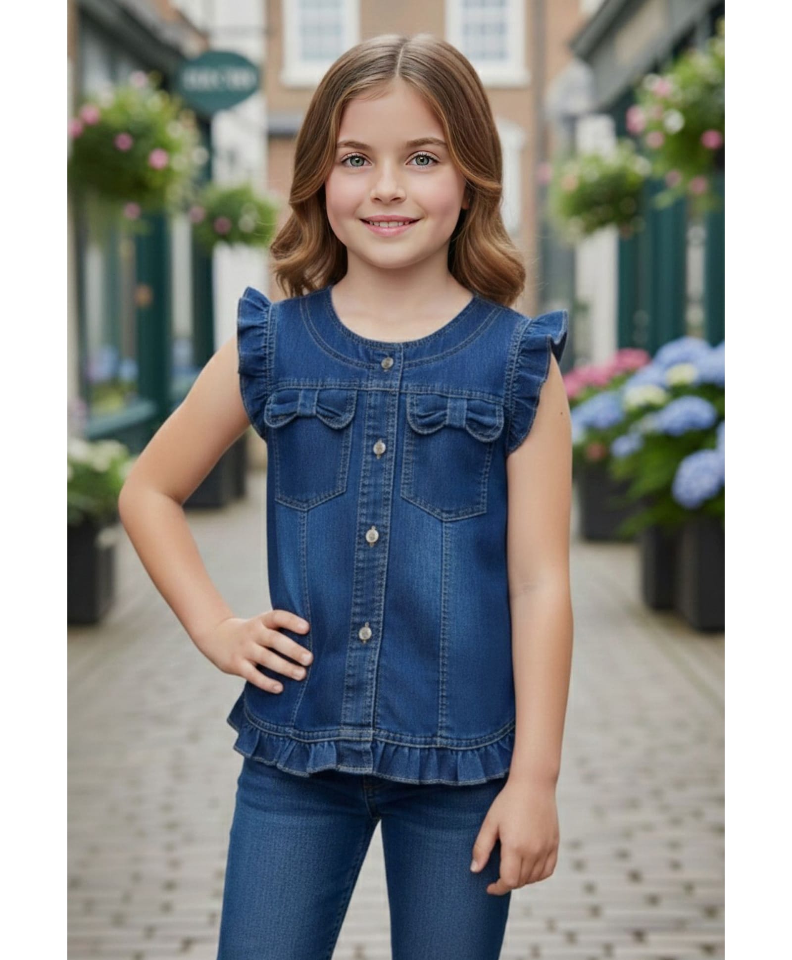 Lei-Chie Denim Woven Frill Sleeves Solid Top - Blue-picture-20