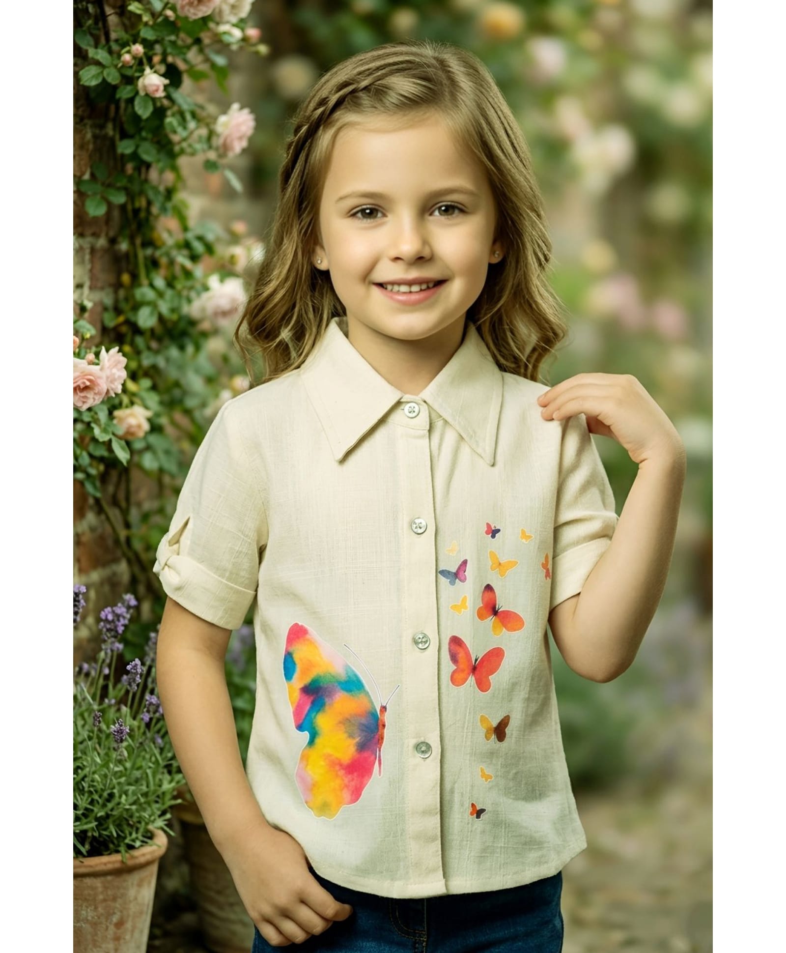 Lei-Chie Cotton Woven Half Sleeves Butterfly Printed Shirt Style Top - Cream-picture-33